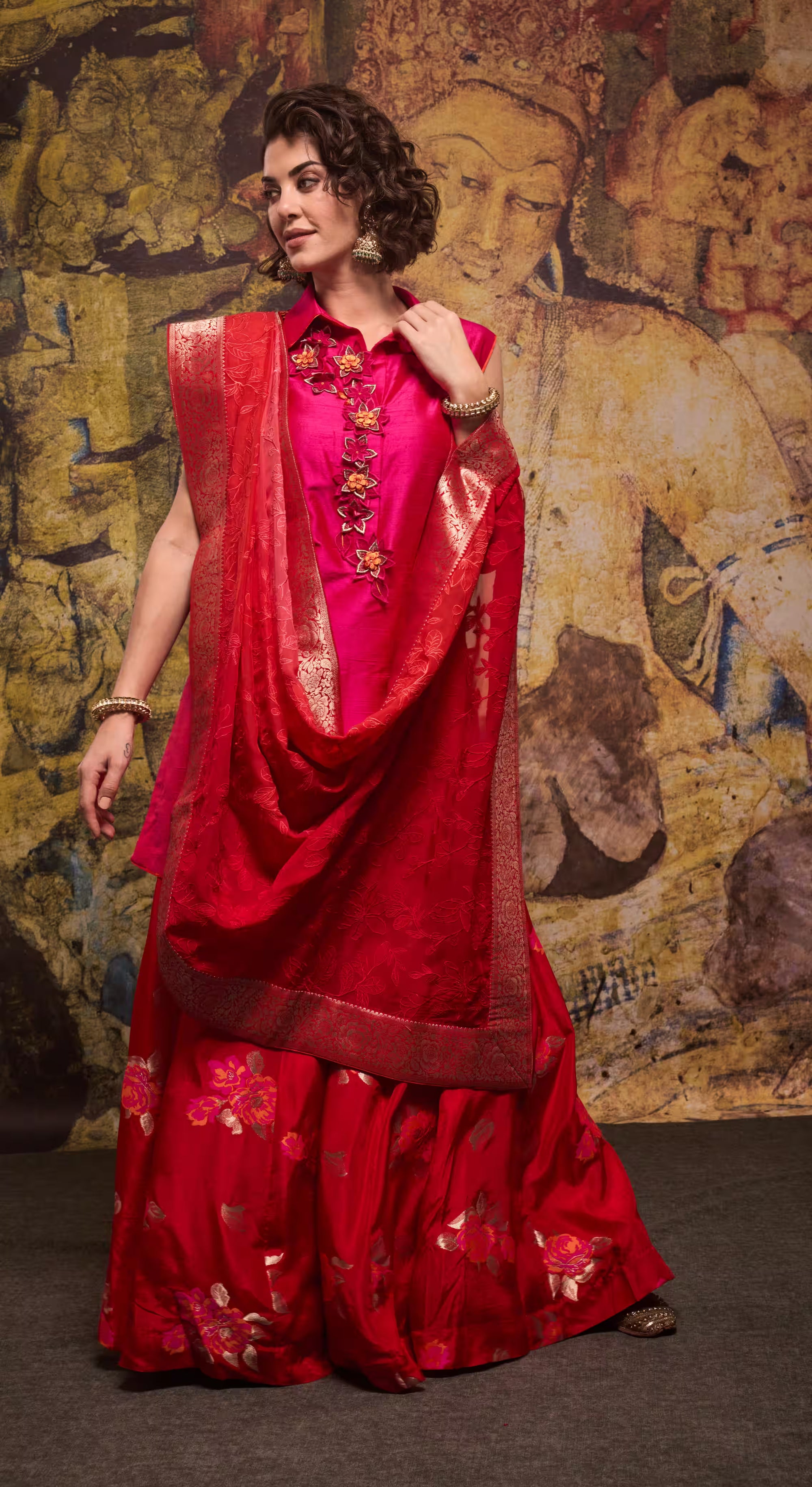 Magenta Floral Appliqué Silk Kurta Set