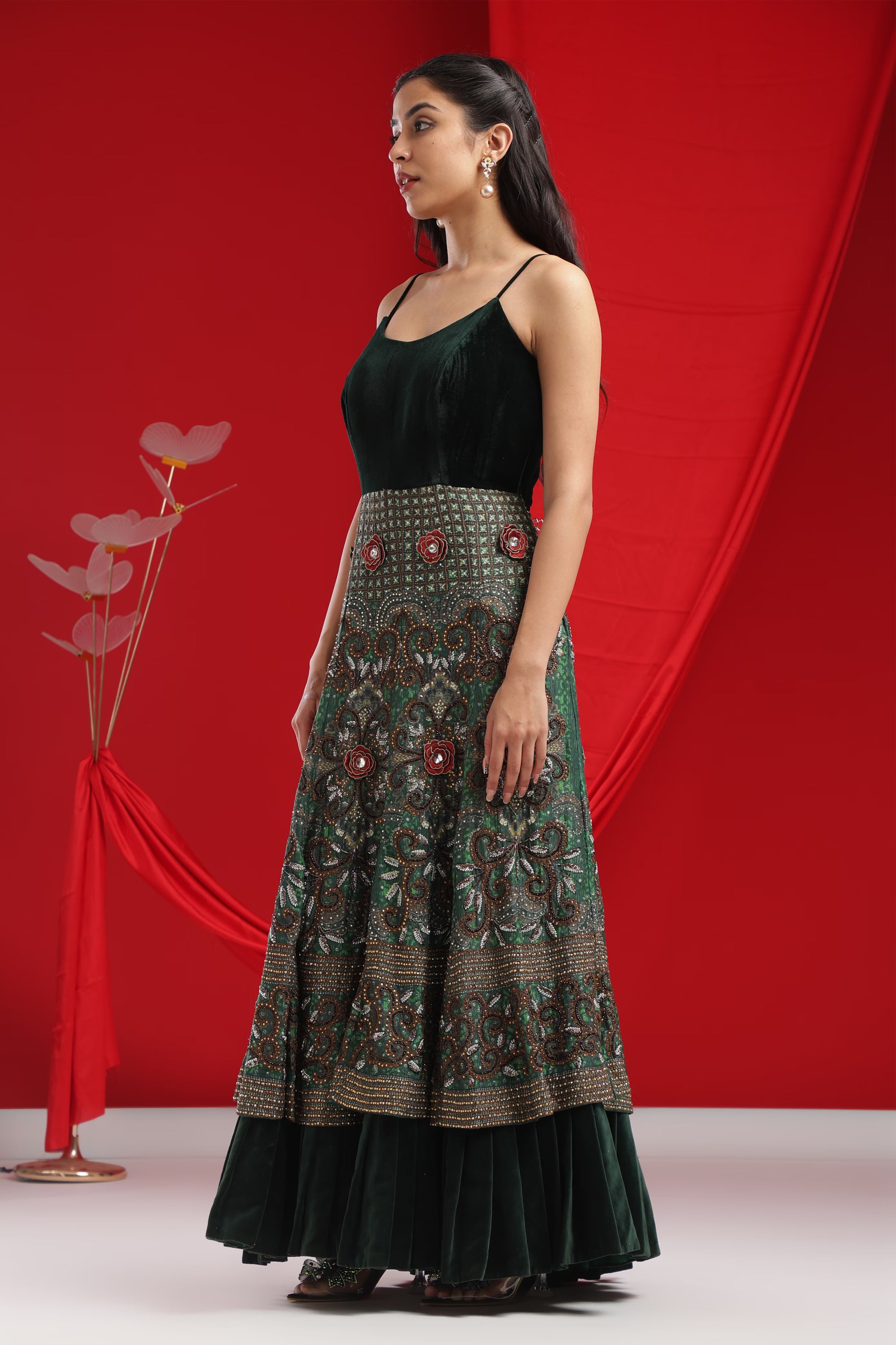 Forest Green Velvet Embroidered Gown