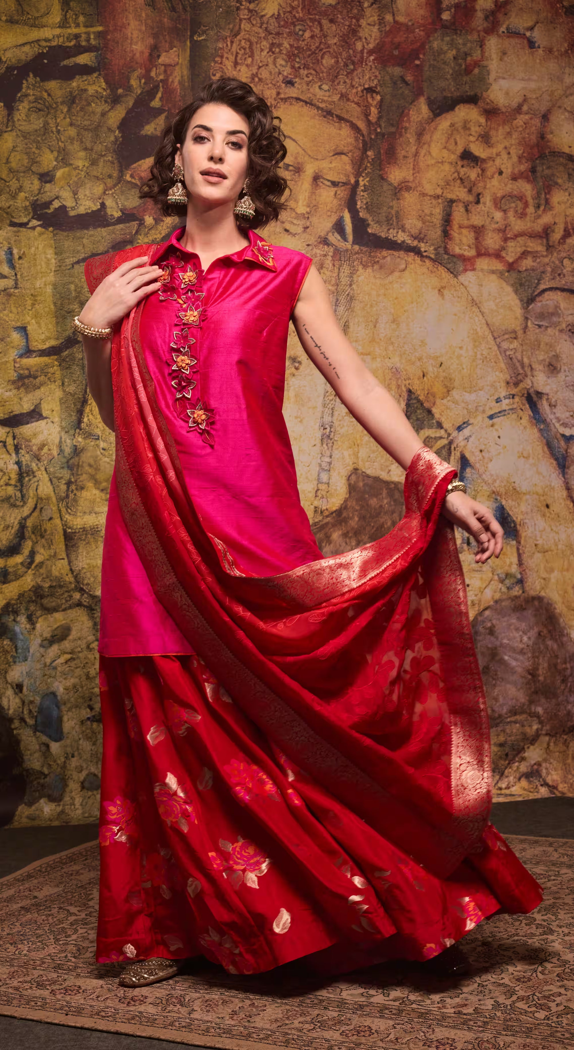 Magenta Floral Appliqué Silk Kurta Set