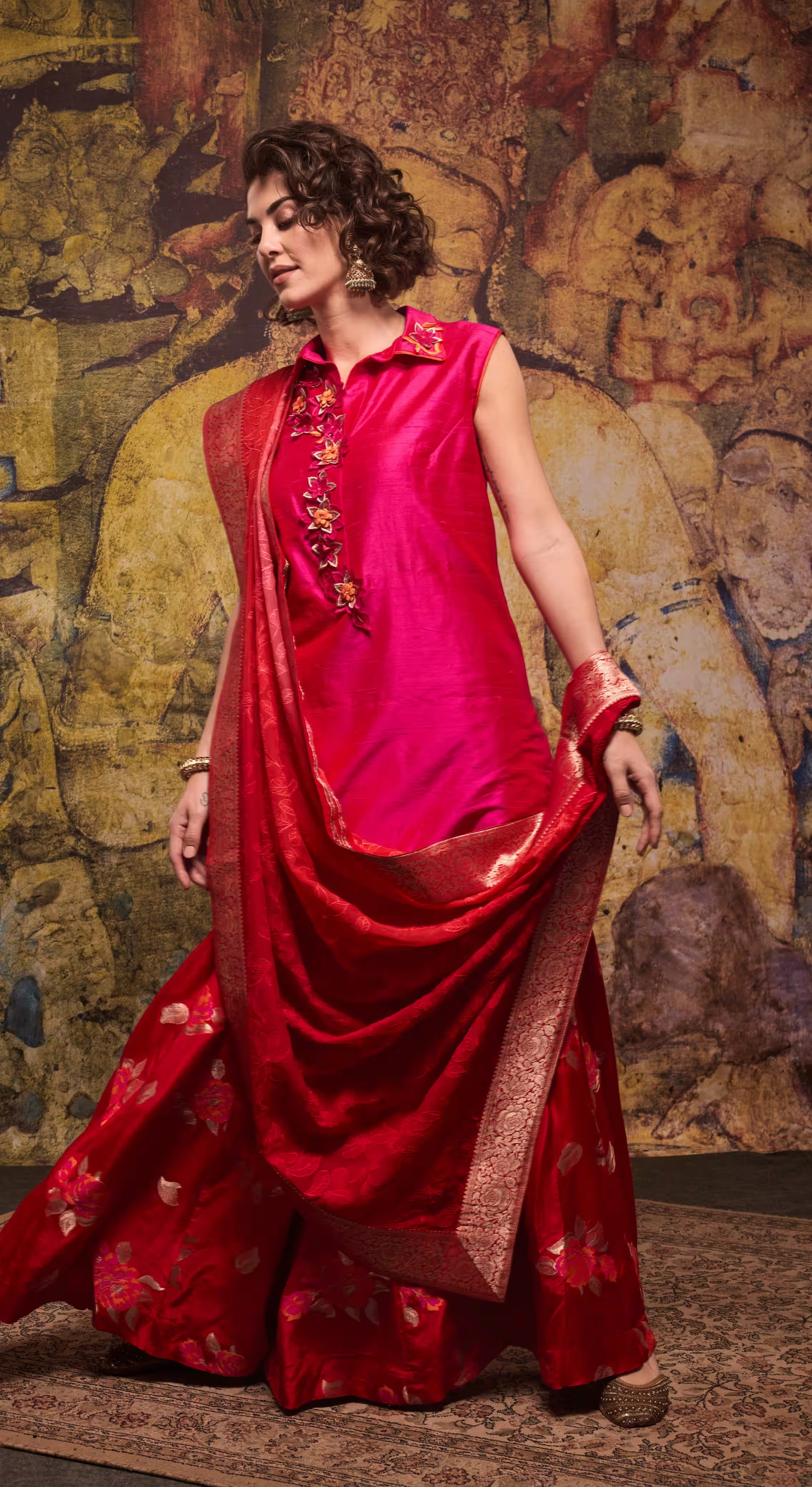 Magenta Floral Appliqué Silk Kurta Set