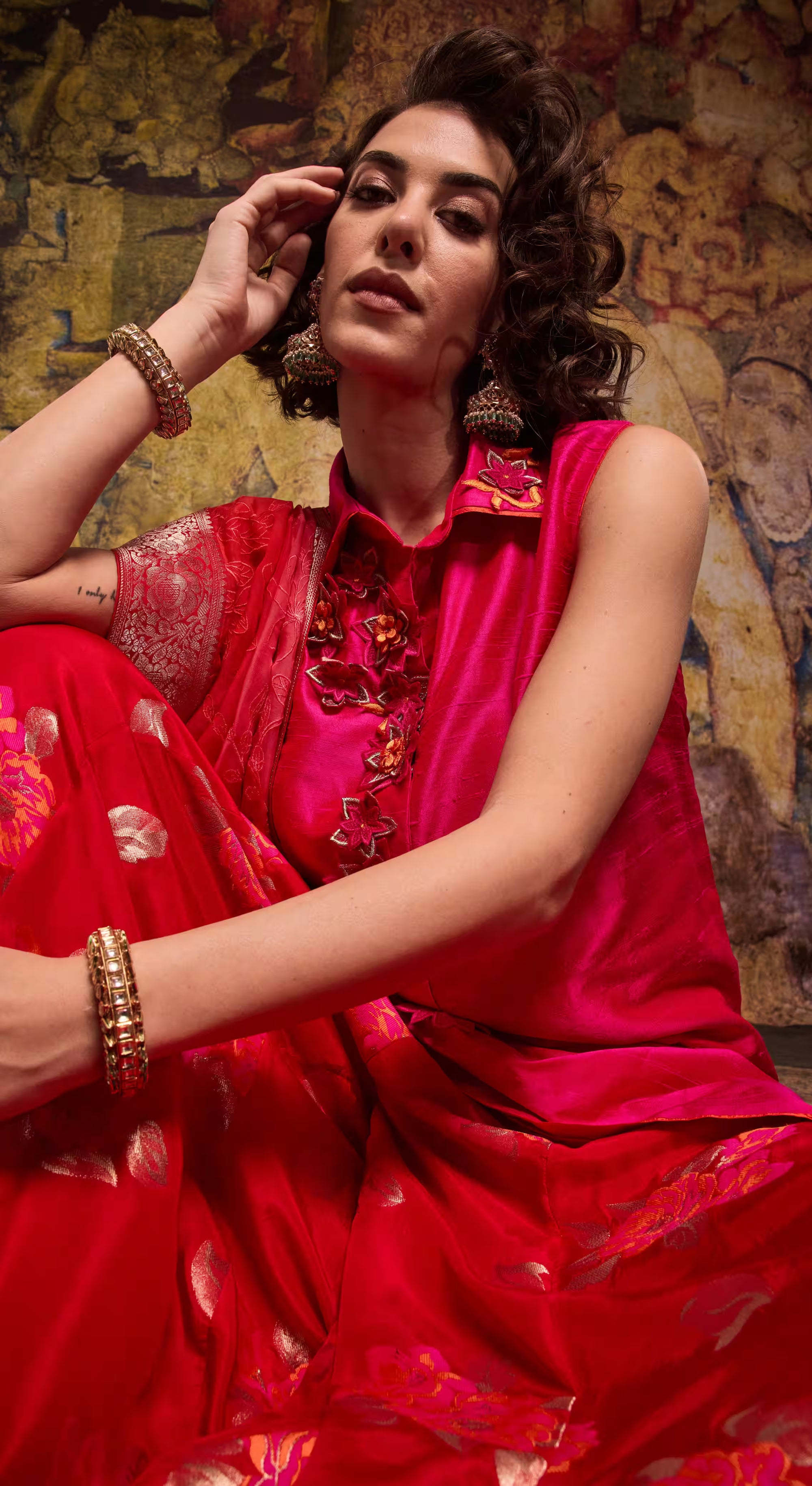 Magenta Floral Appliqué Silk Kurta Set