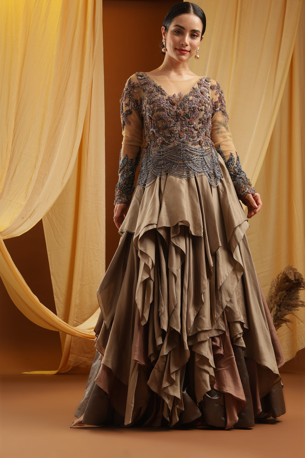Taupe Layered Gown with Embroidered Bodice
