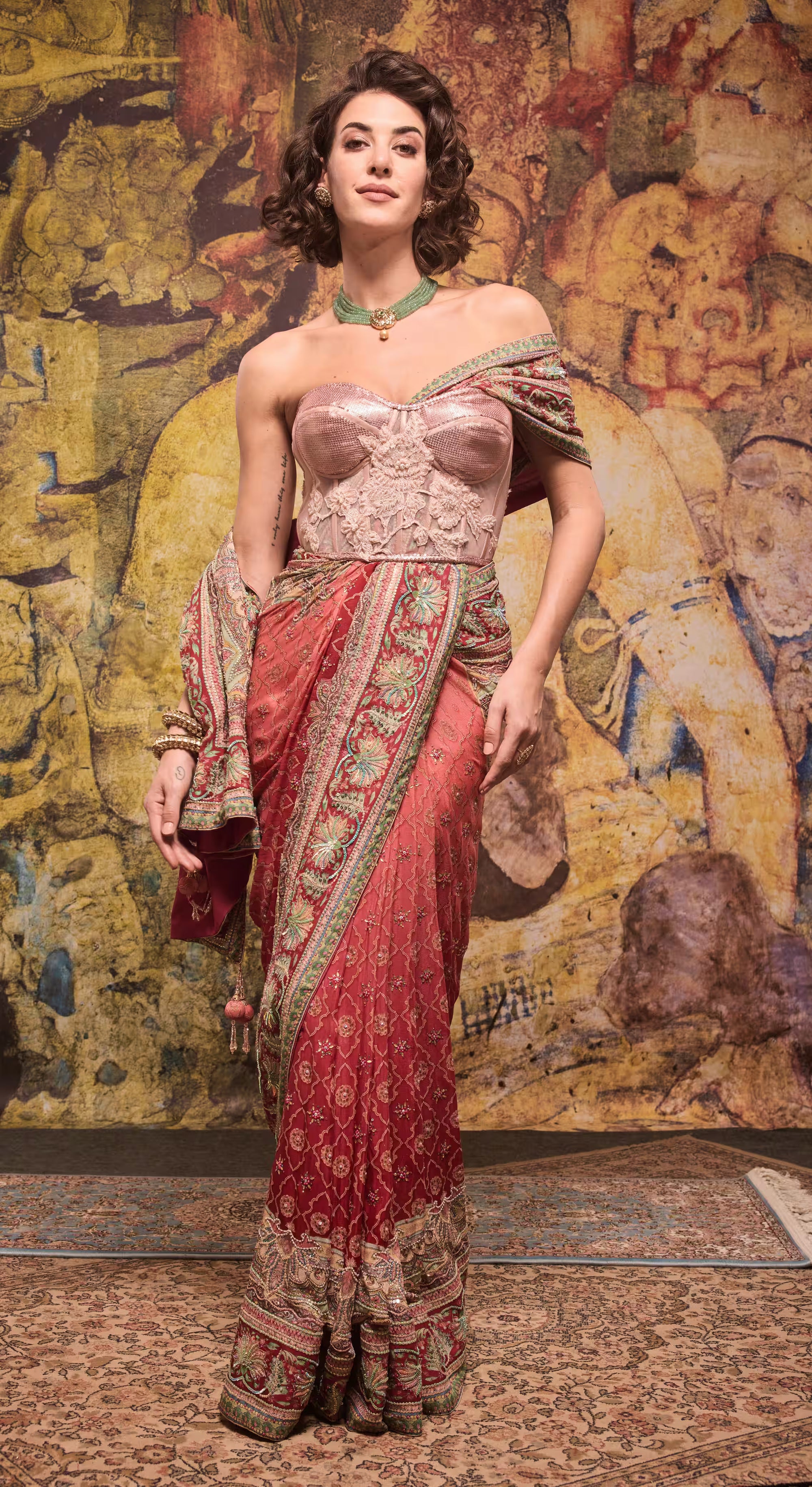 Coral Rose Embroidered Off-Shoulder Saree with Corset Blouse