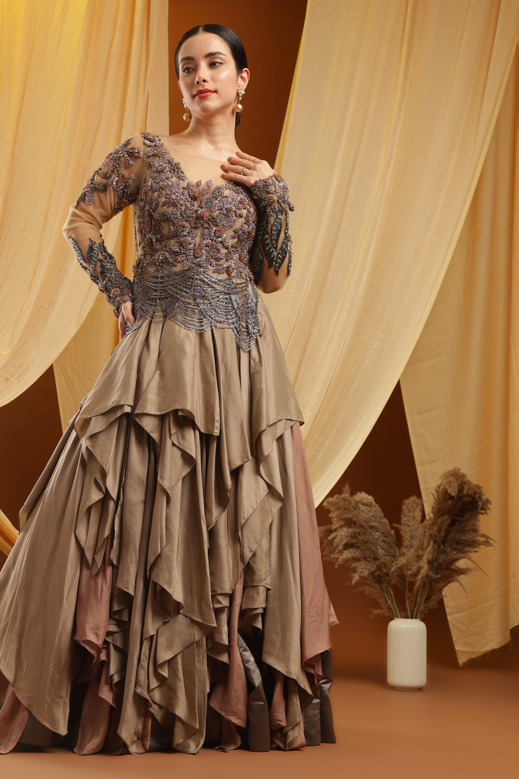 Taupe Layered Gown with Embroidered Bodice