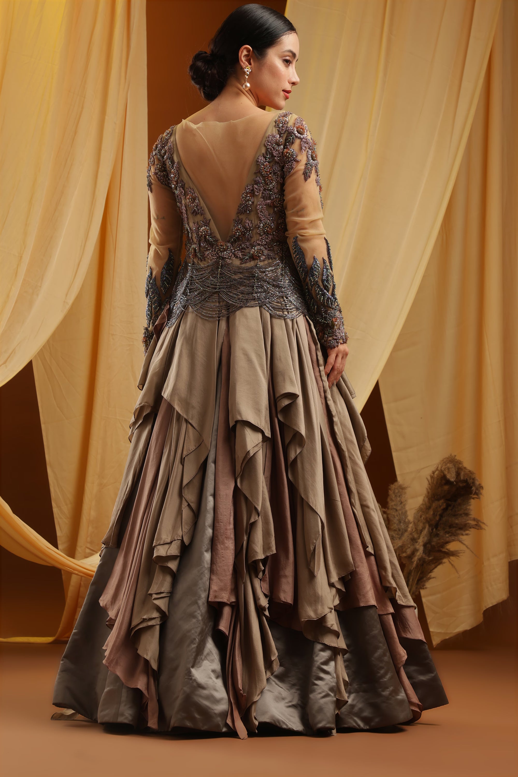 Taupe Layered Gown with Embroidered Bodice