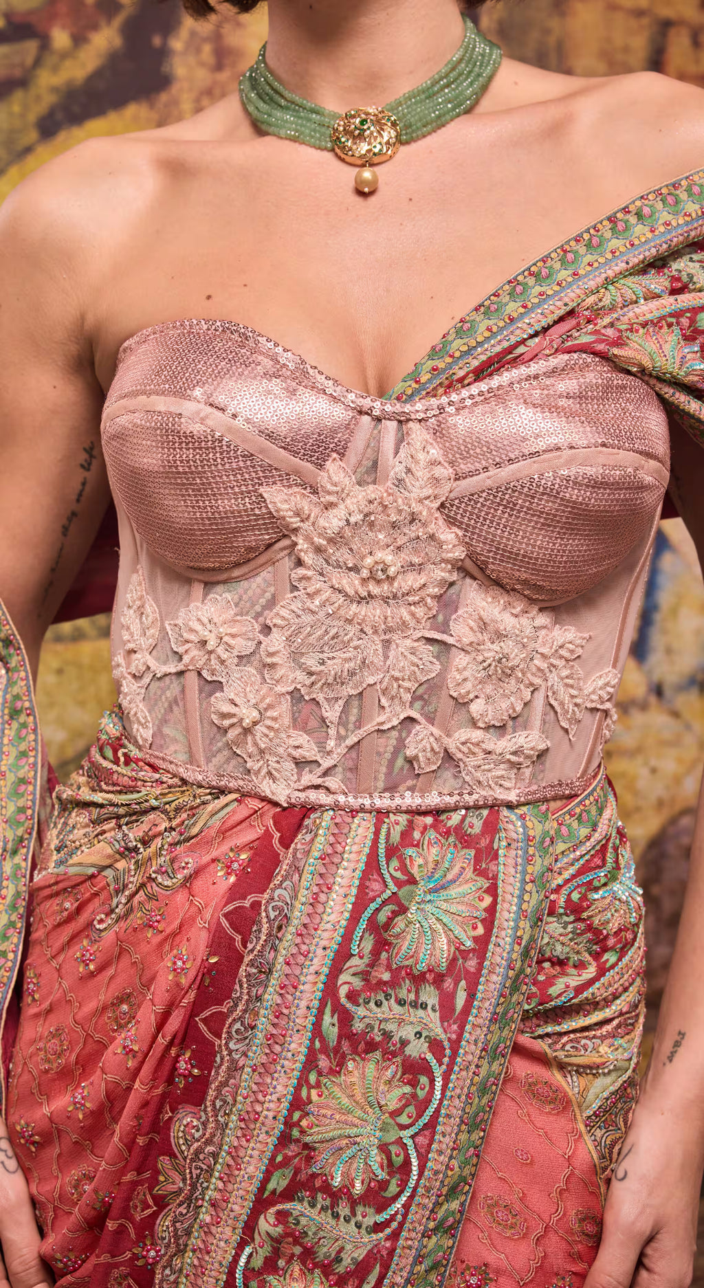 Coral Rose Embroidered Off-Shoulder Saree with Corset Blouse