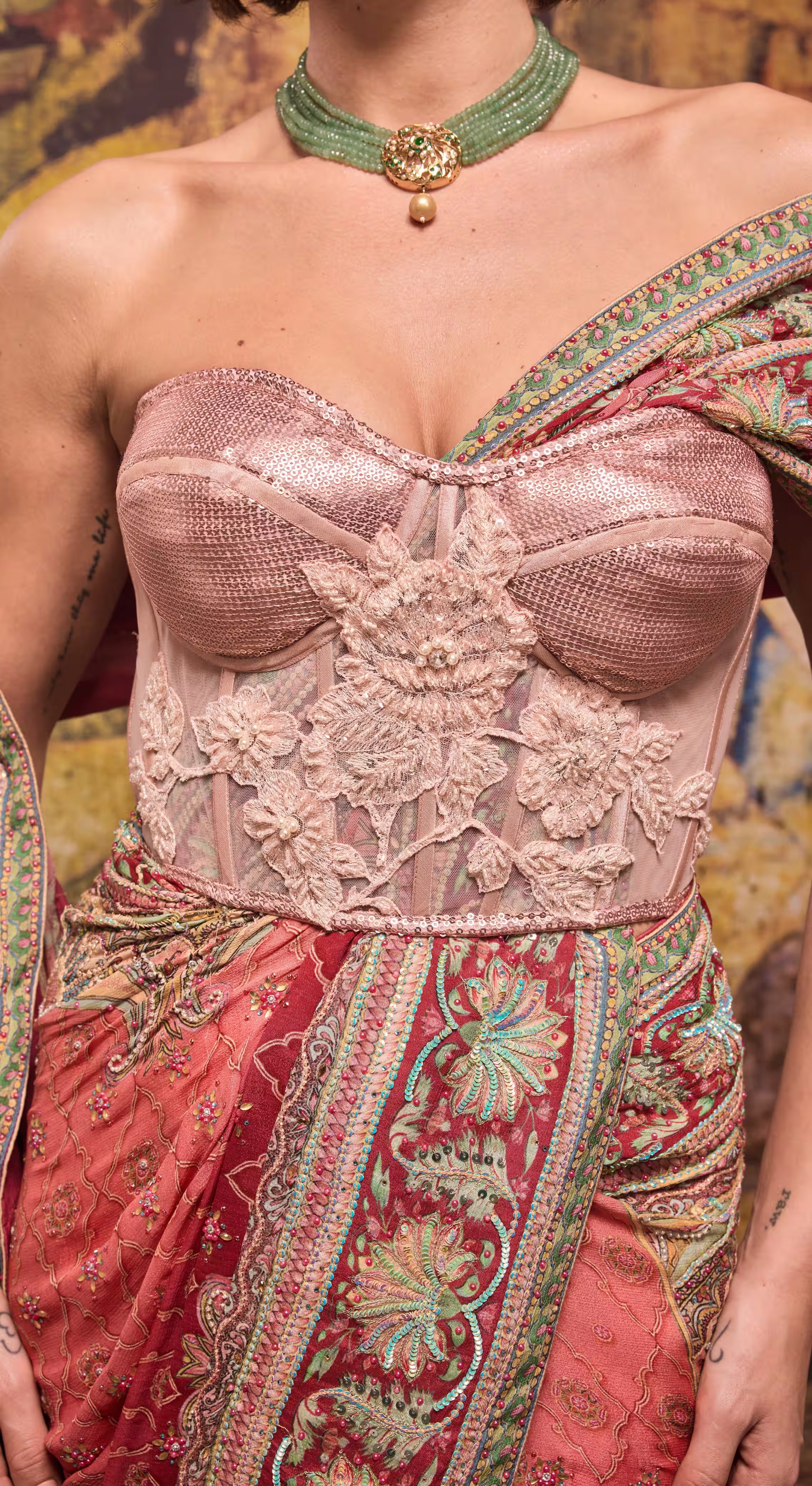 Coral Rose Embroidered Off-Shoulder Saree with Corset Blouse