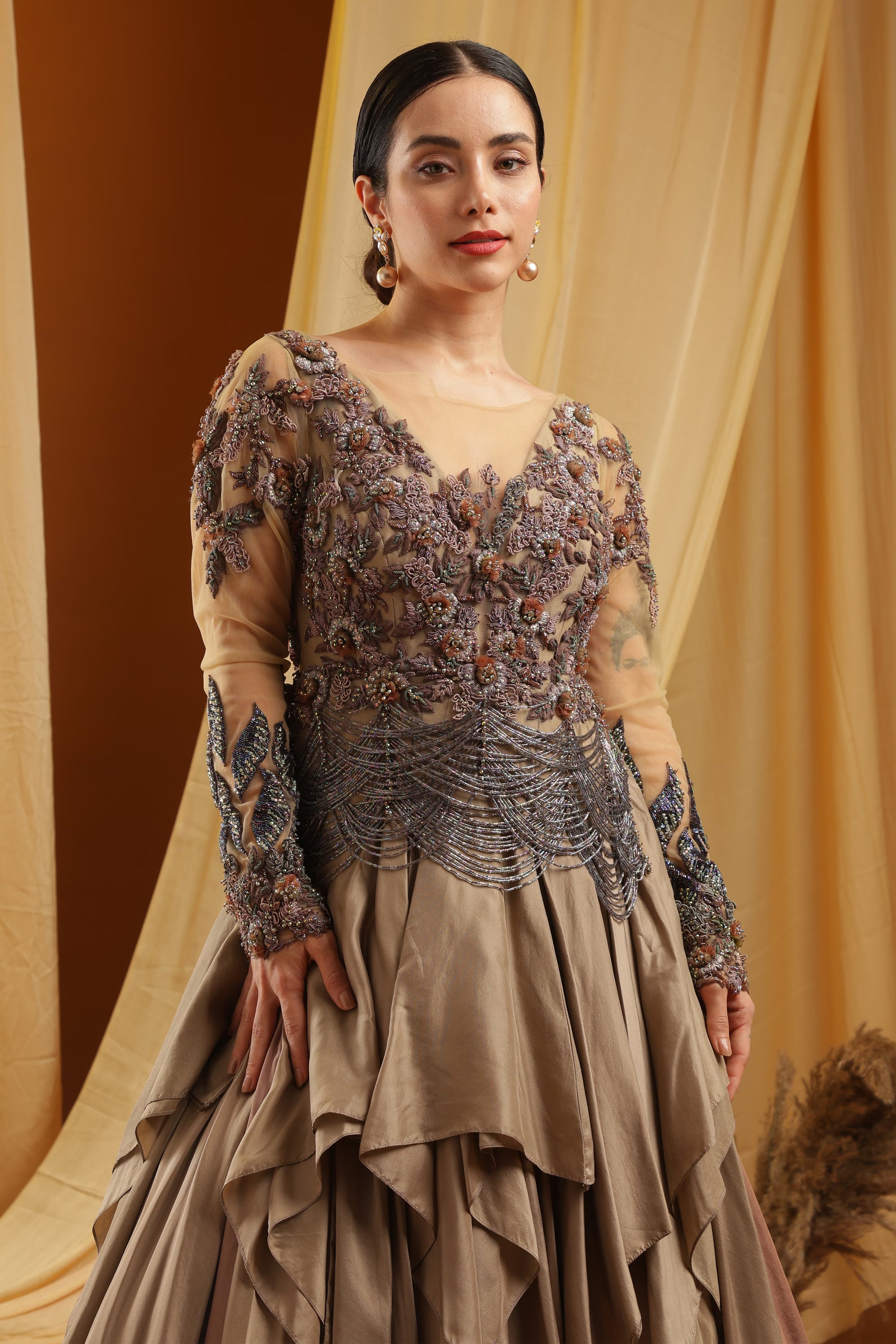 Taupe Layered Gown with Embroidered Bodice