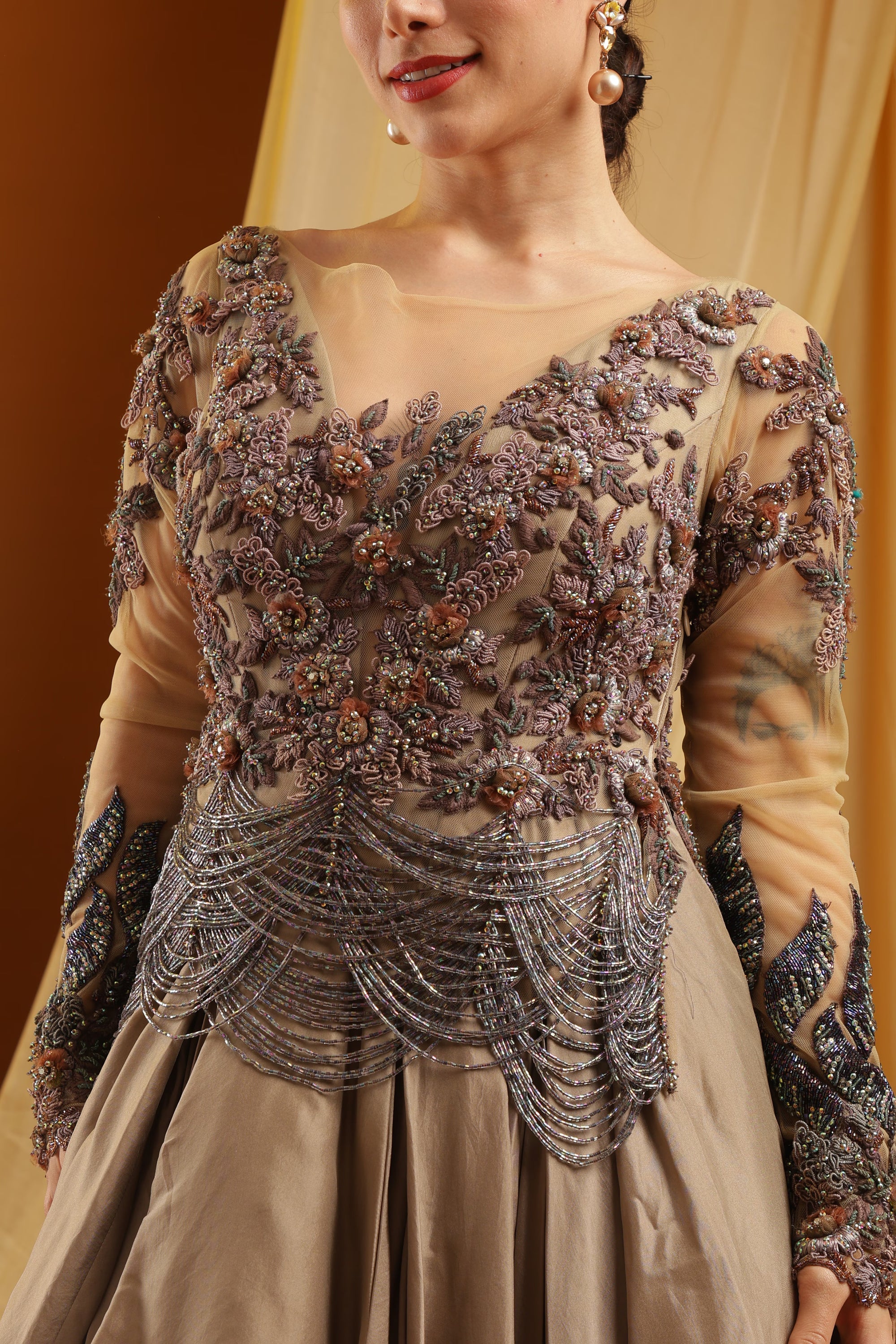 Taupe Layered Gown with Embroidered Bodice