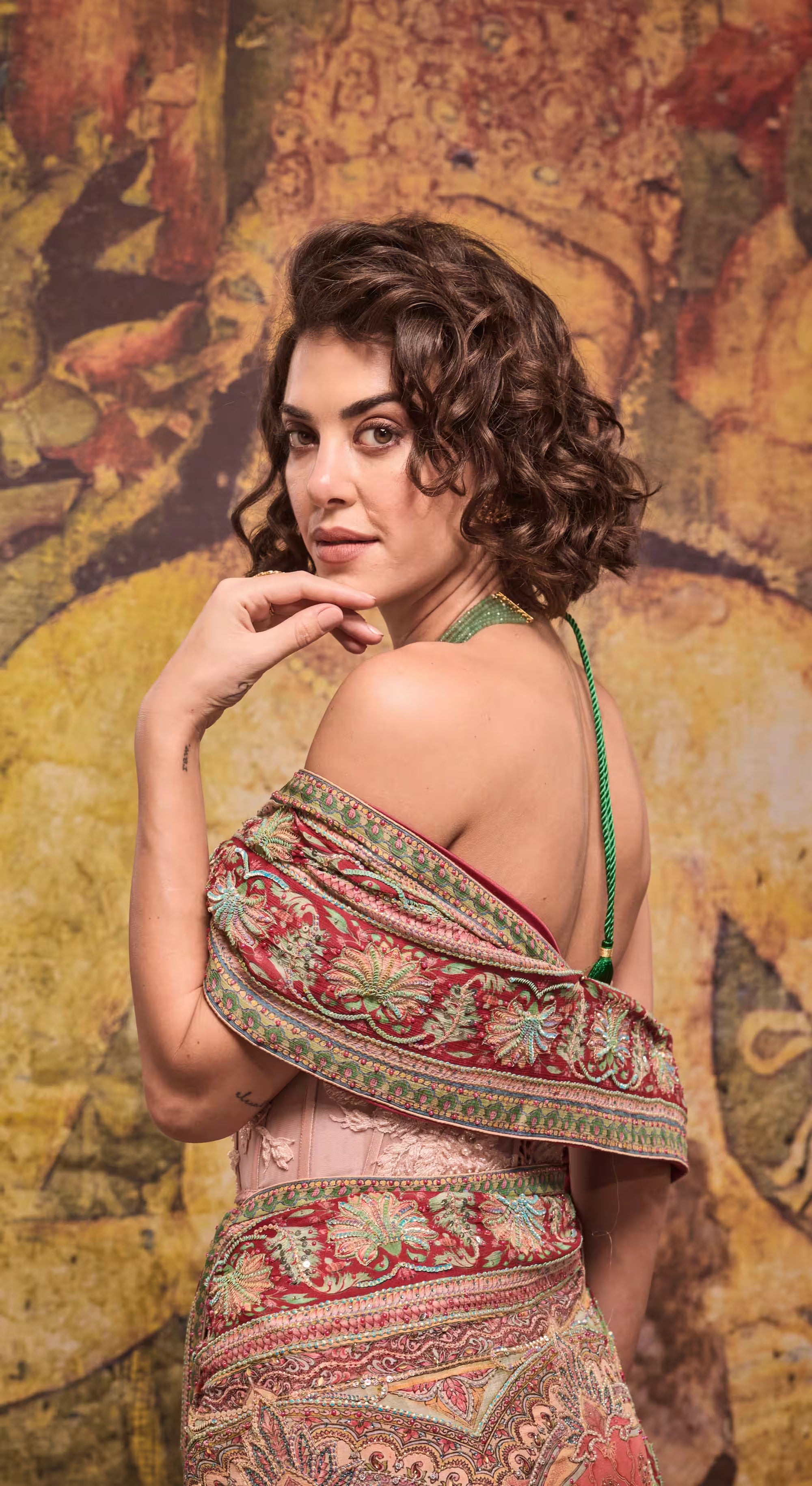 Coral Rose Embroidered Off-Shoulder Saree with Corset Blouse