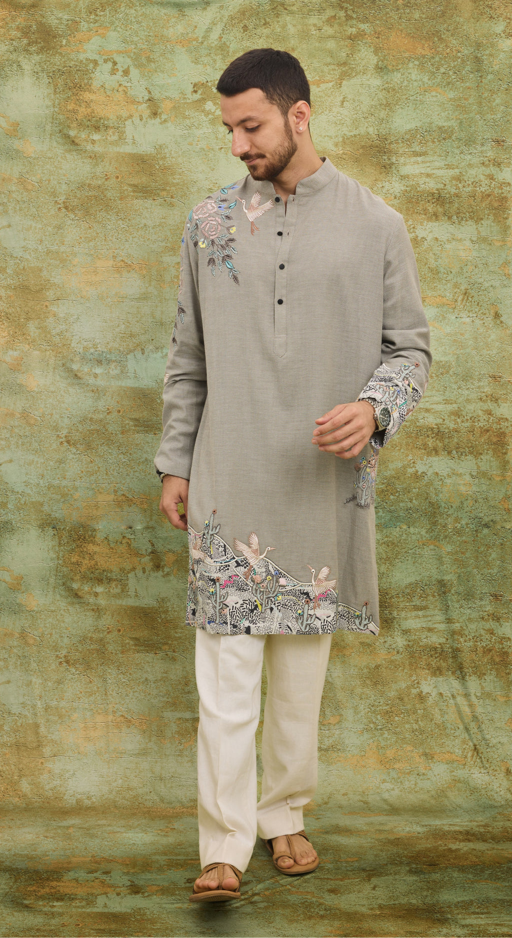 Men’s Grey Embroidered Kurta Set