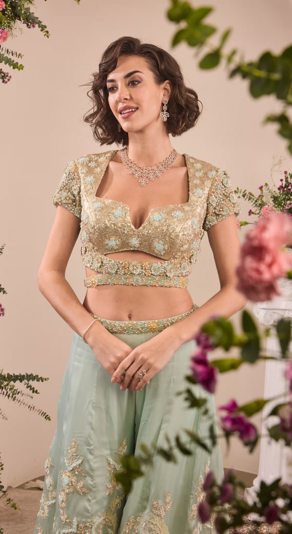 Icy Blue Embroidered Cutout Blouse & Palazzo Set