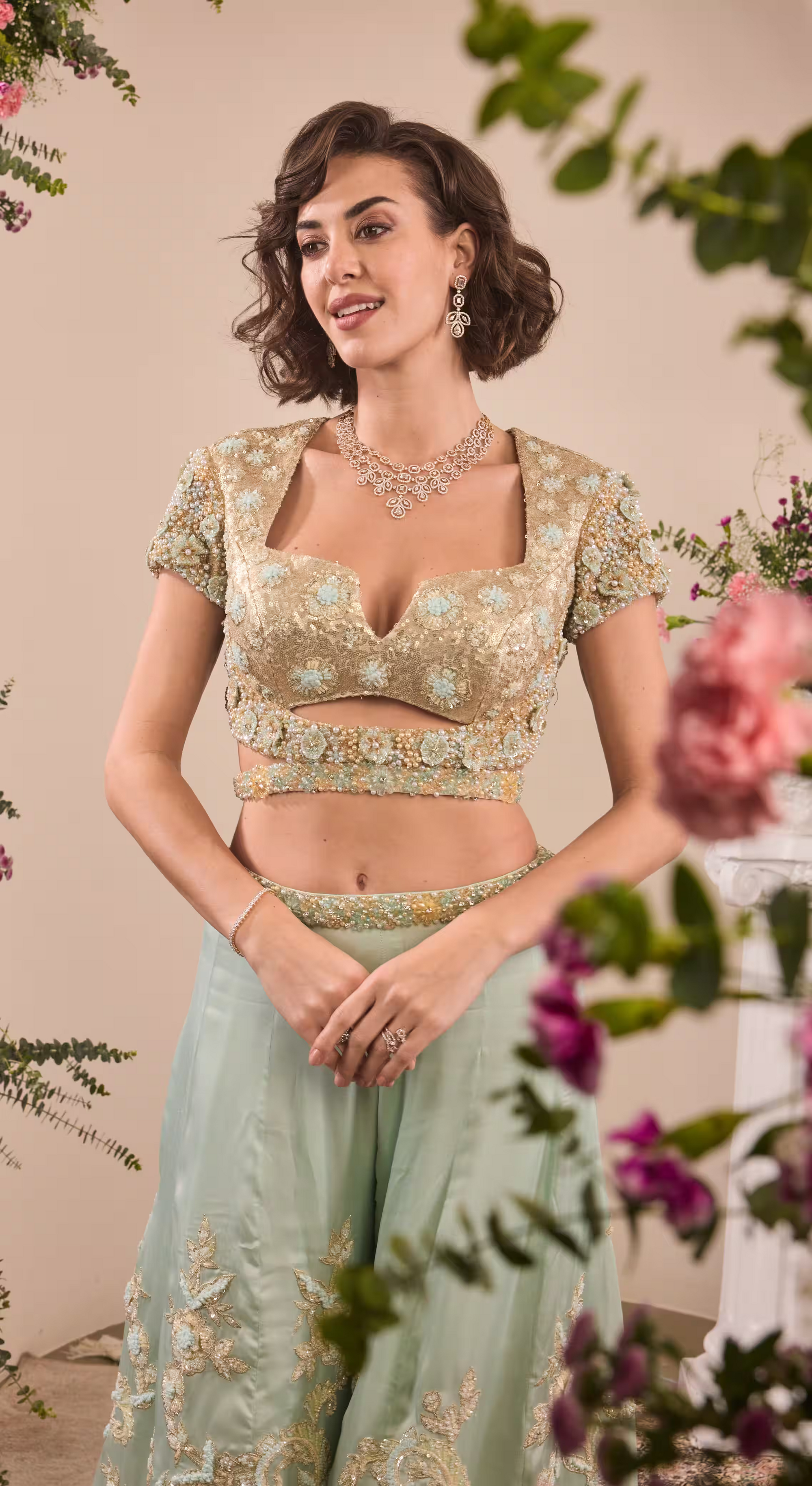 Icy Blue Embroidered Cutout Blouse & Palazzo Set
