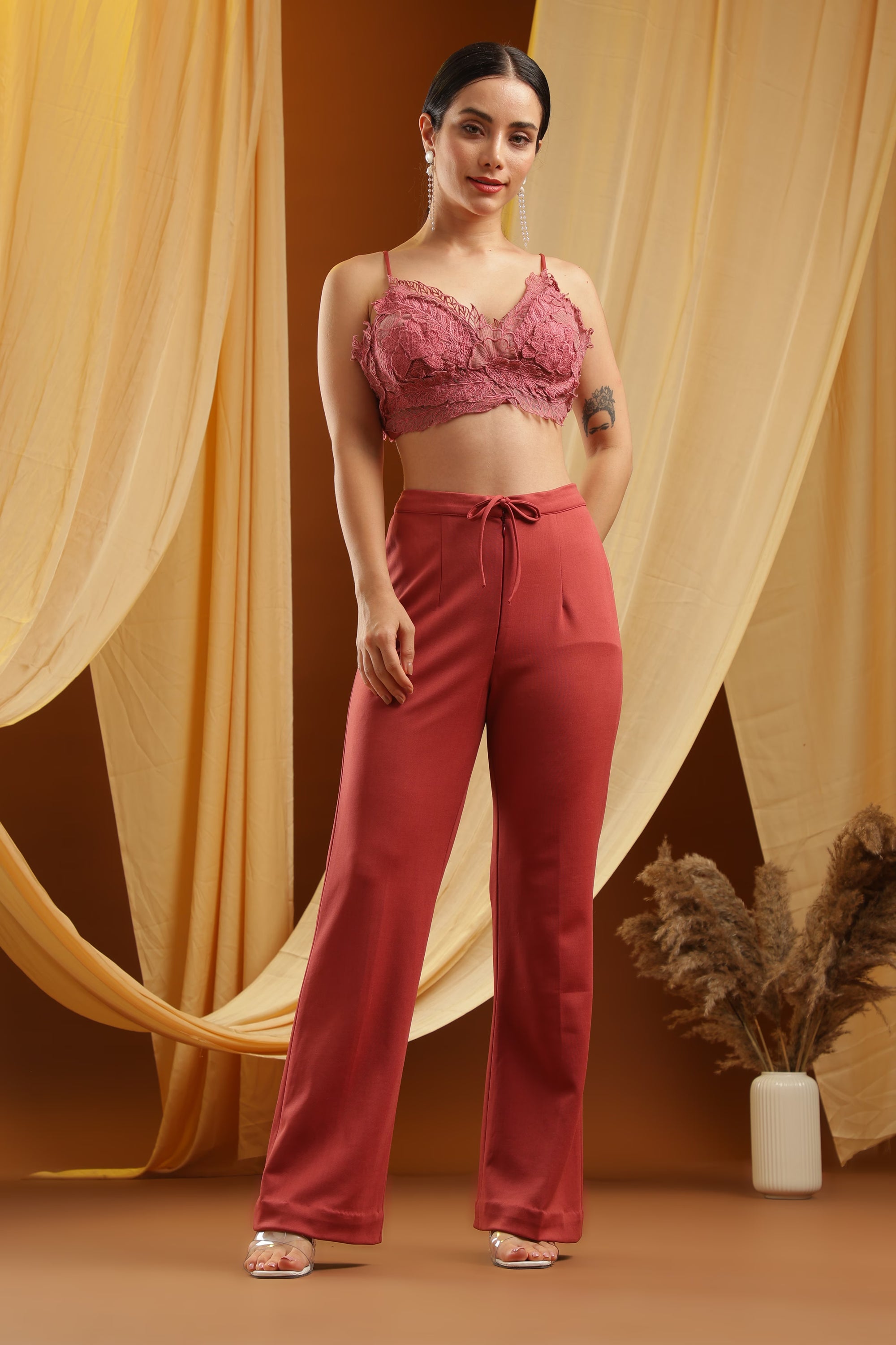 Mauve Lace Bralette and Trouser set