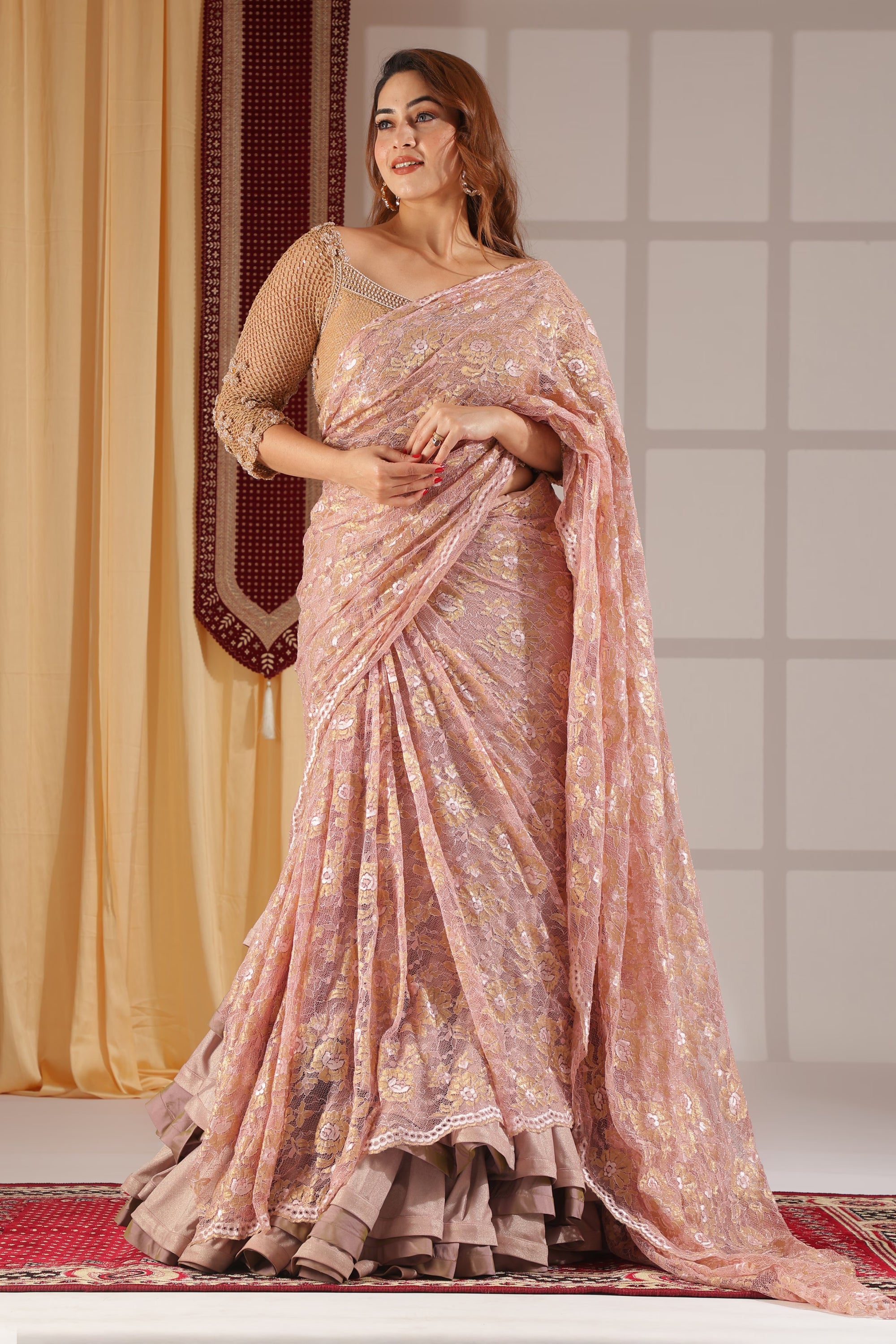 Blush Pink Floral Lace Saree with mocha net blouse