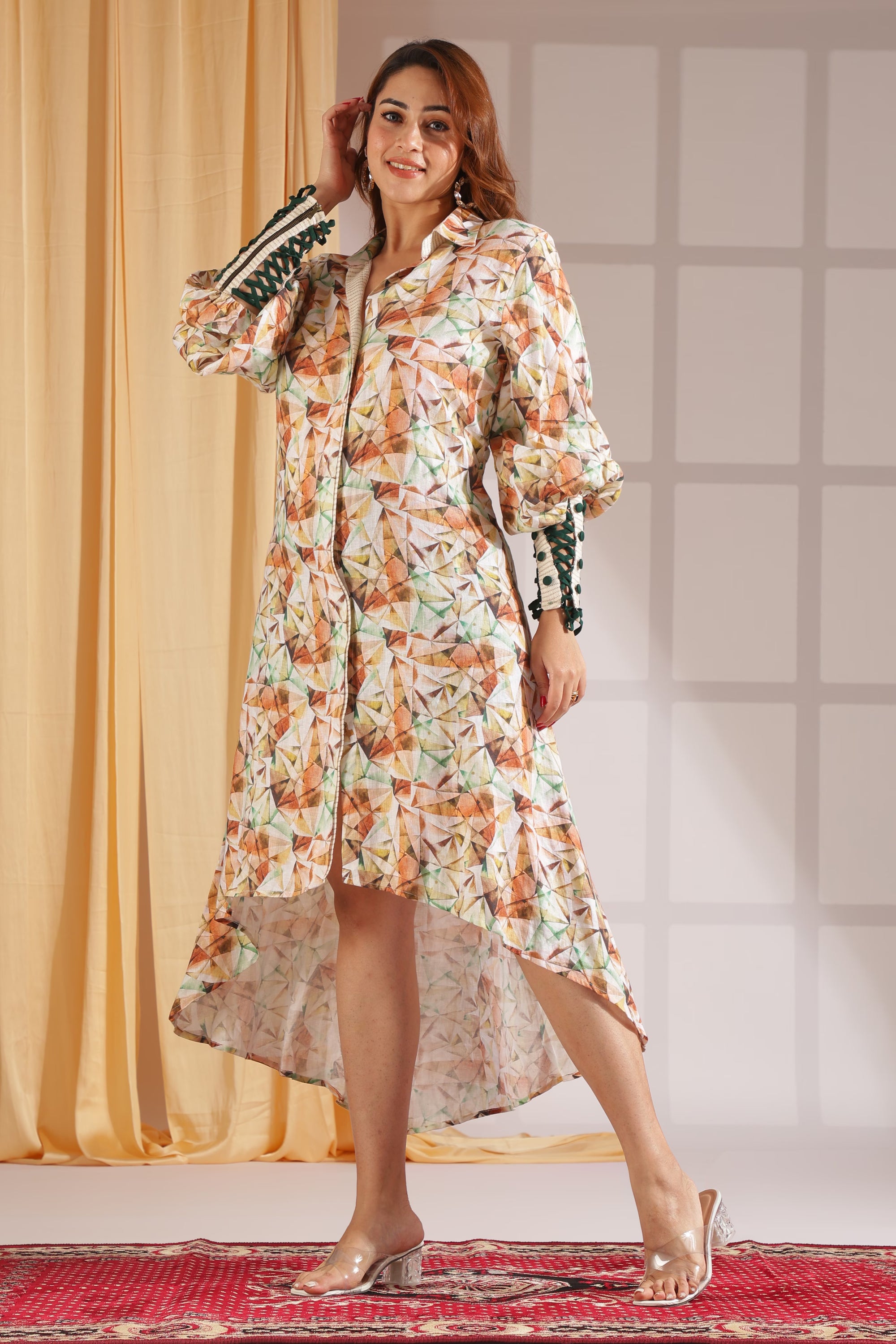 Geometric Glow High-Low Shirt Dress with Lace-Up Cuffs