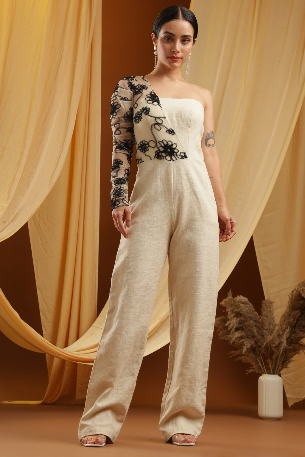 Ivory & Black Embroidered One-Shoulder Jumpsuit
