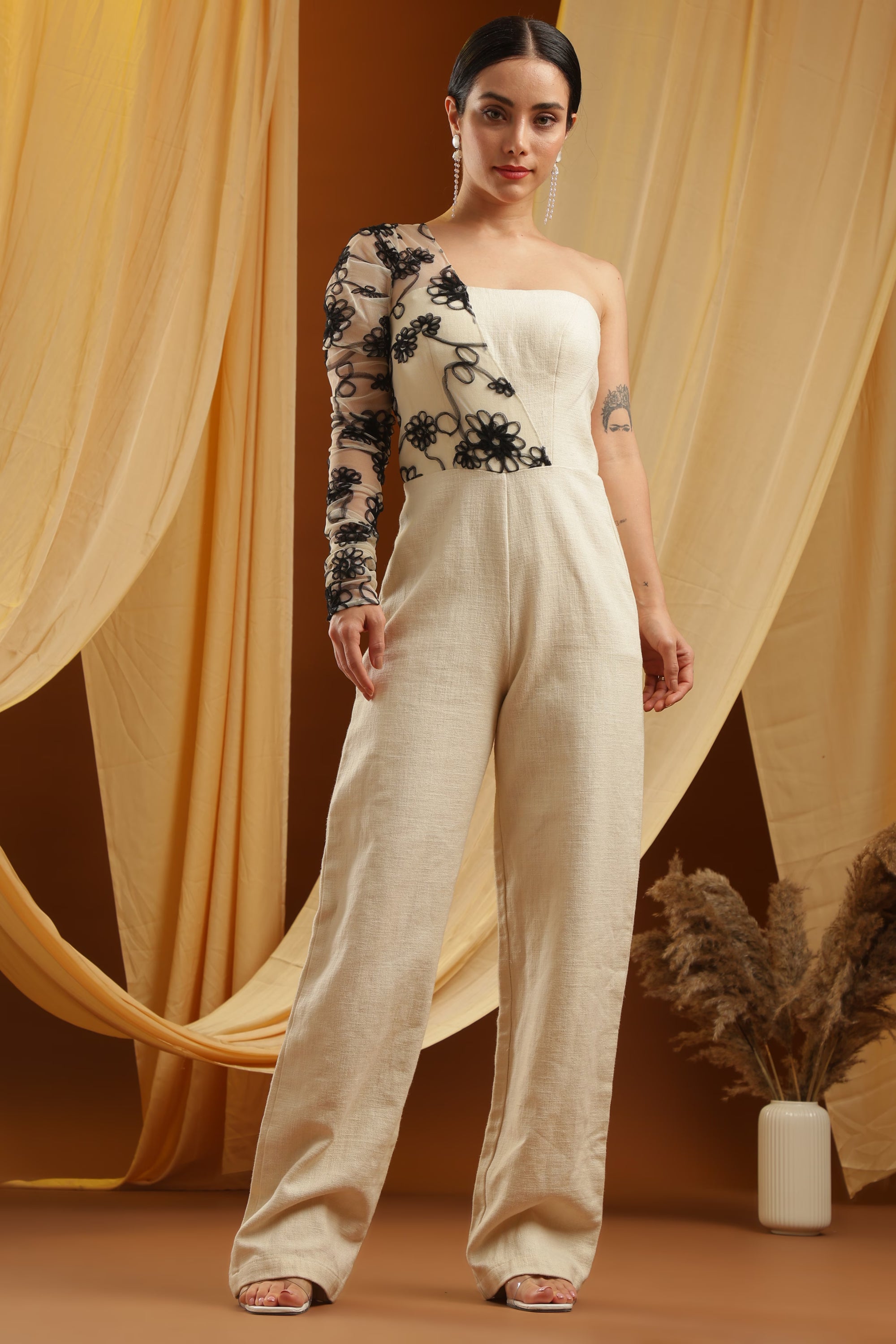 Ivory & Black Embroidered One-Shoulder Jumpsuit