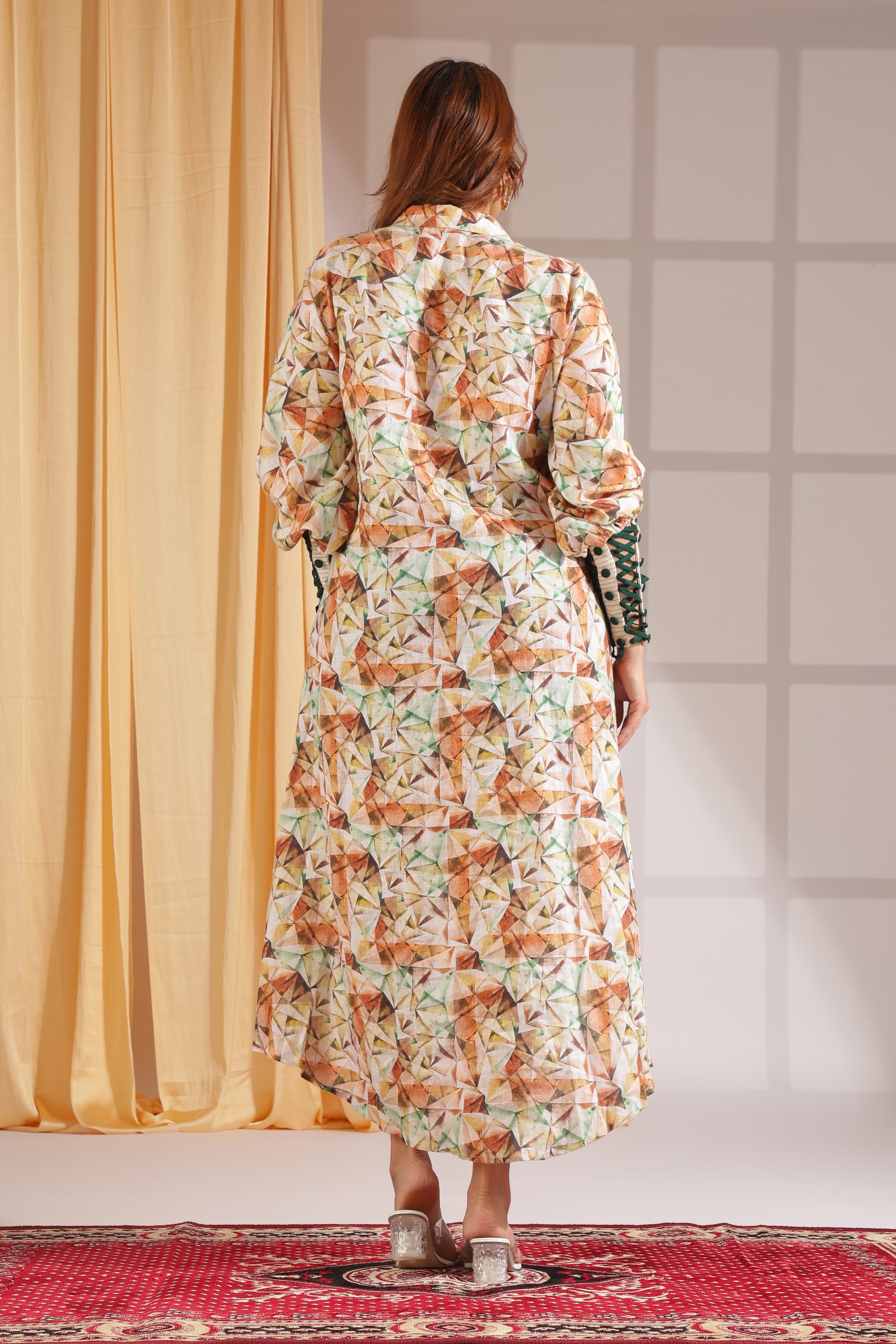 Geometric Glow High-Low Shirt Dress with Lace-Up Cuffs