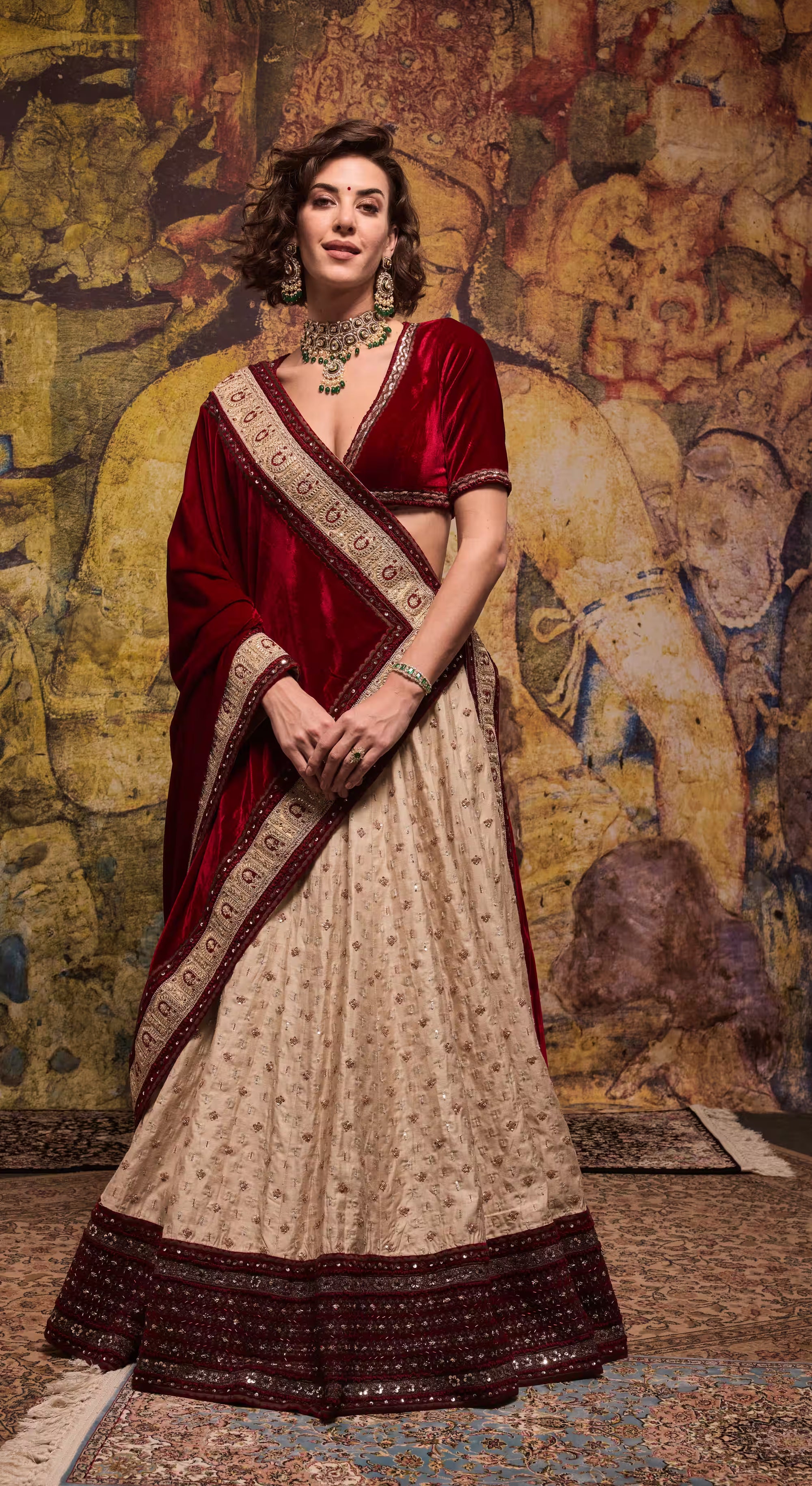 Maroon Velvet & Cream Embroidered Bridal Lehenga Set