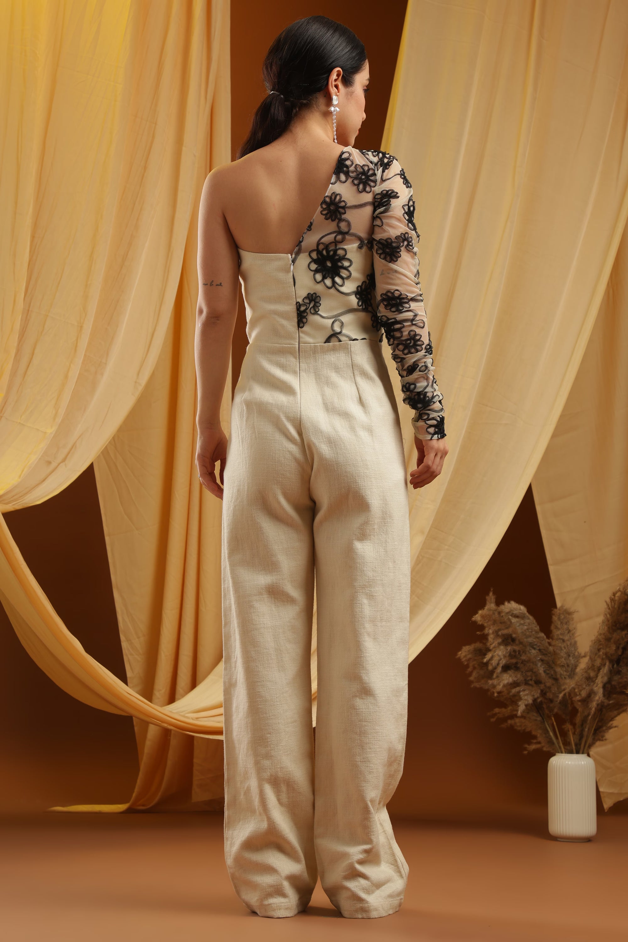 Ivory & Black Embroidered One-Shoulder Jumpsuit