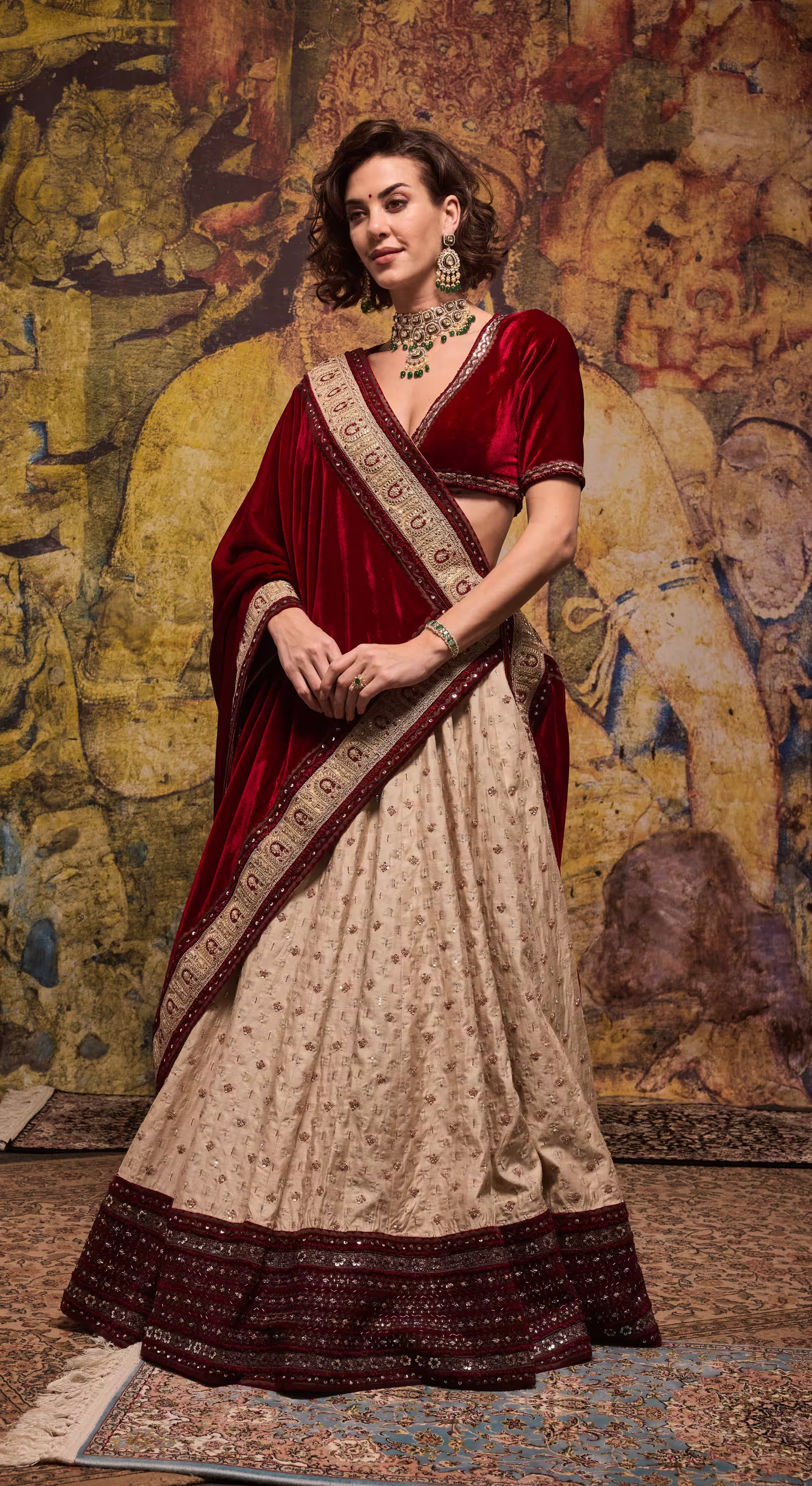 Maroon Velvet & Cream Embroidered Bridal Lehenga Set