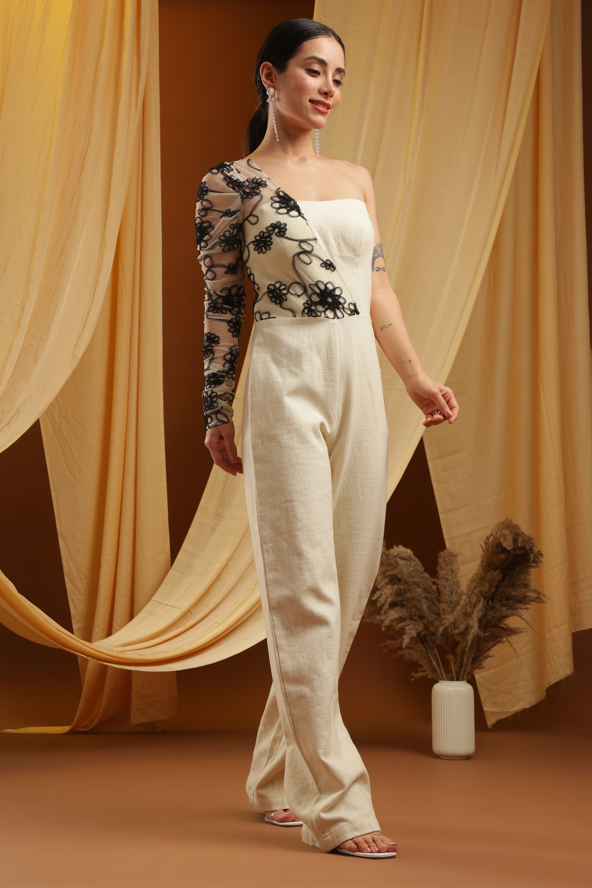 Ivory & Black Embroidered One-Shoulder Jumpsuit