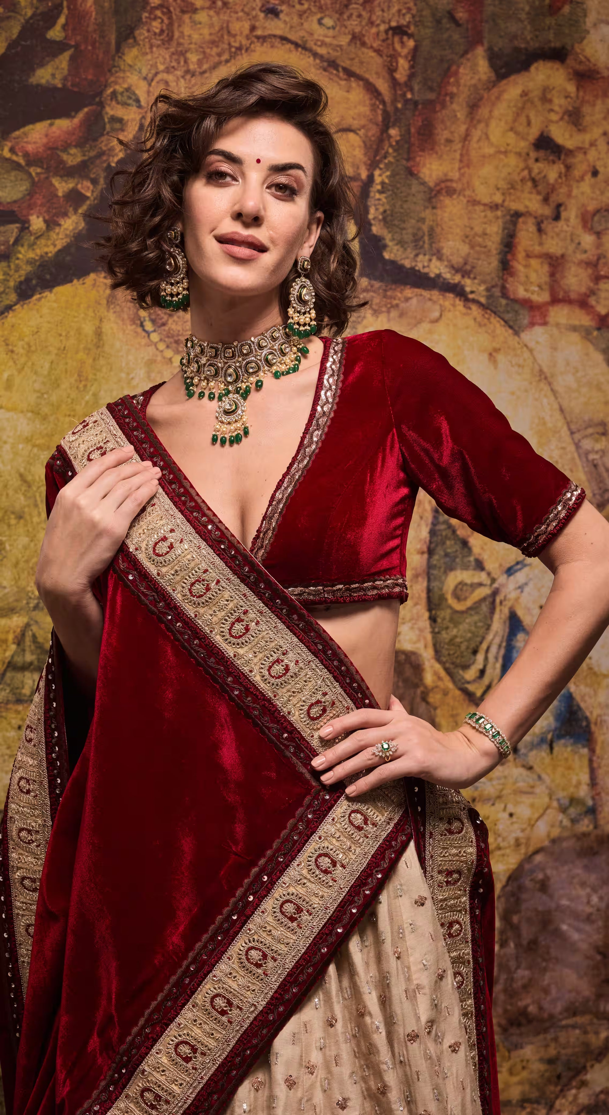 Maroon Velvet & Cream Embroidered Bridal Lehenga Set