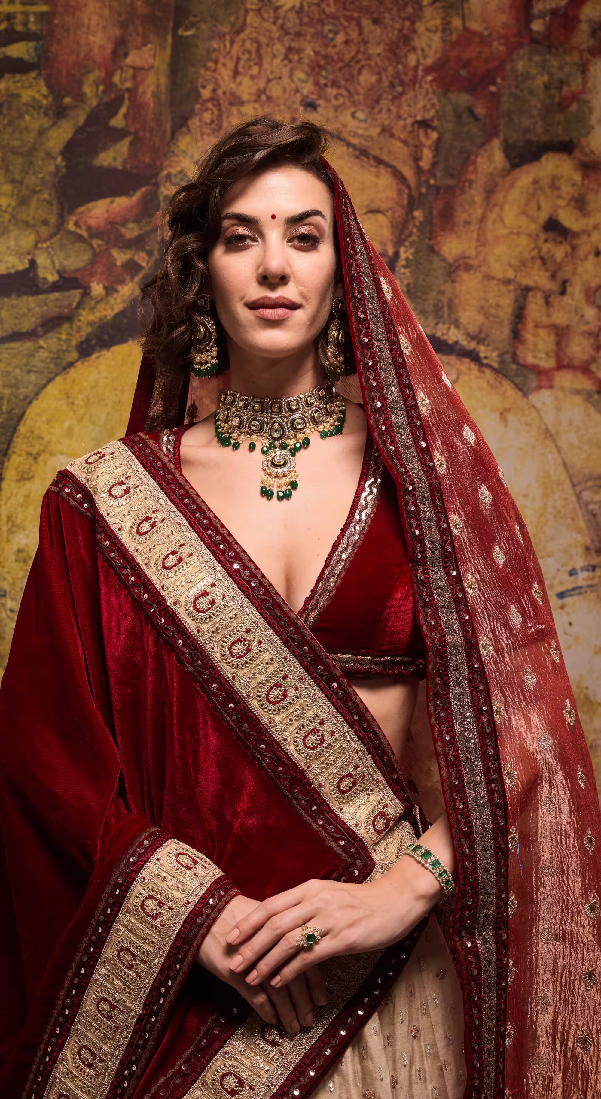 Maroon Velvet & Cream Embroidered Bridal Lehenga Set