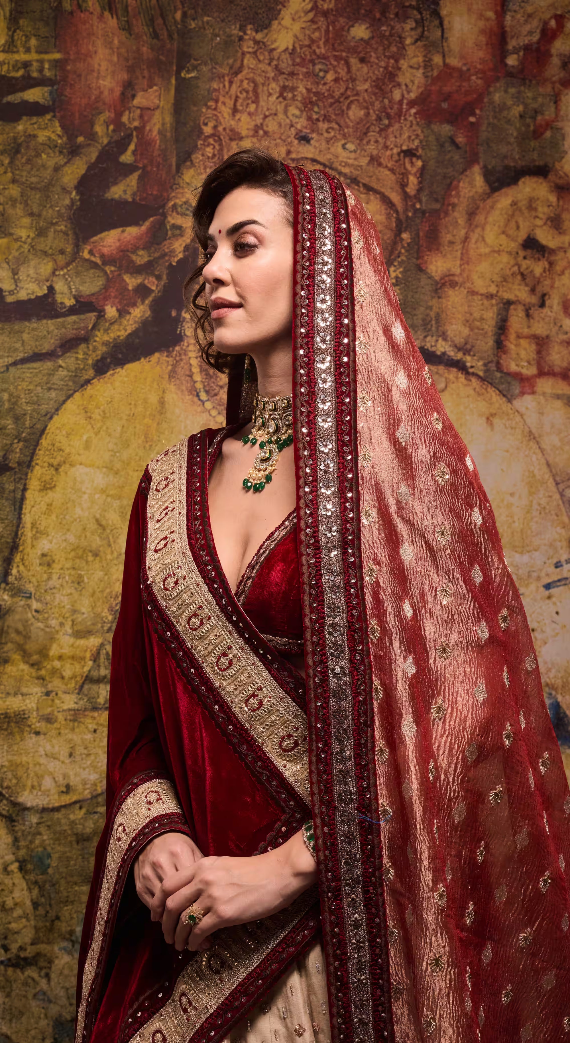 Maroon Velvet & Cream Embroidered Bridal Lehenga Set