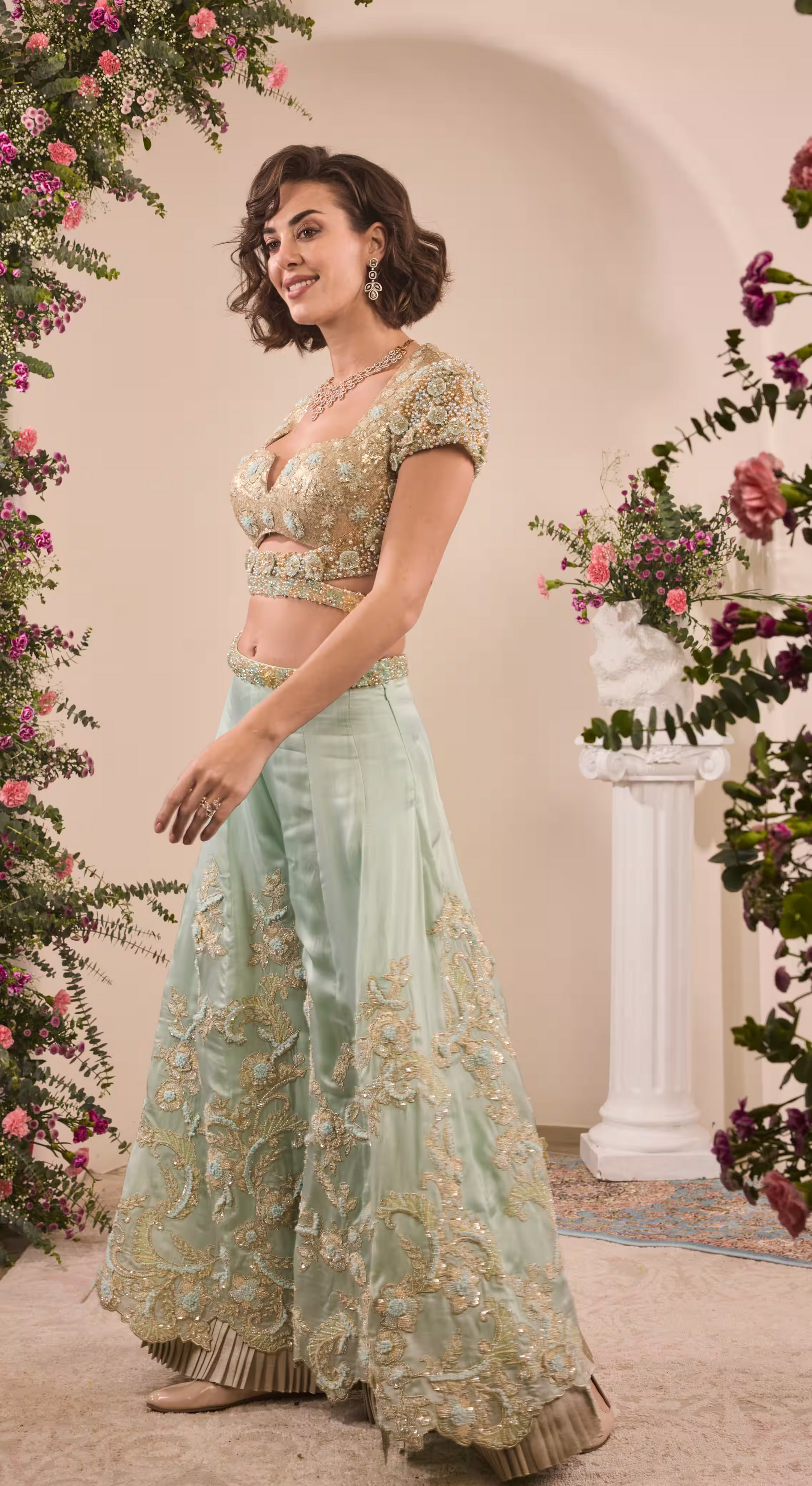Icy Blue Embroidered Cutout Blouse & Palazzo Set