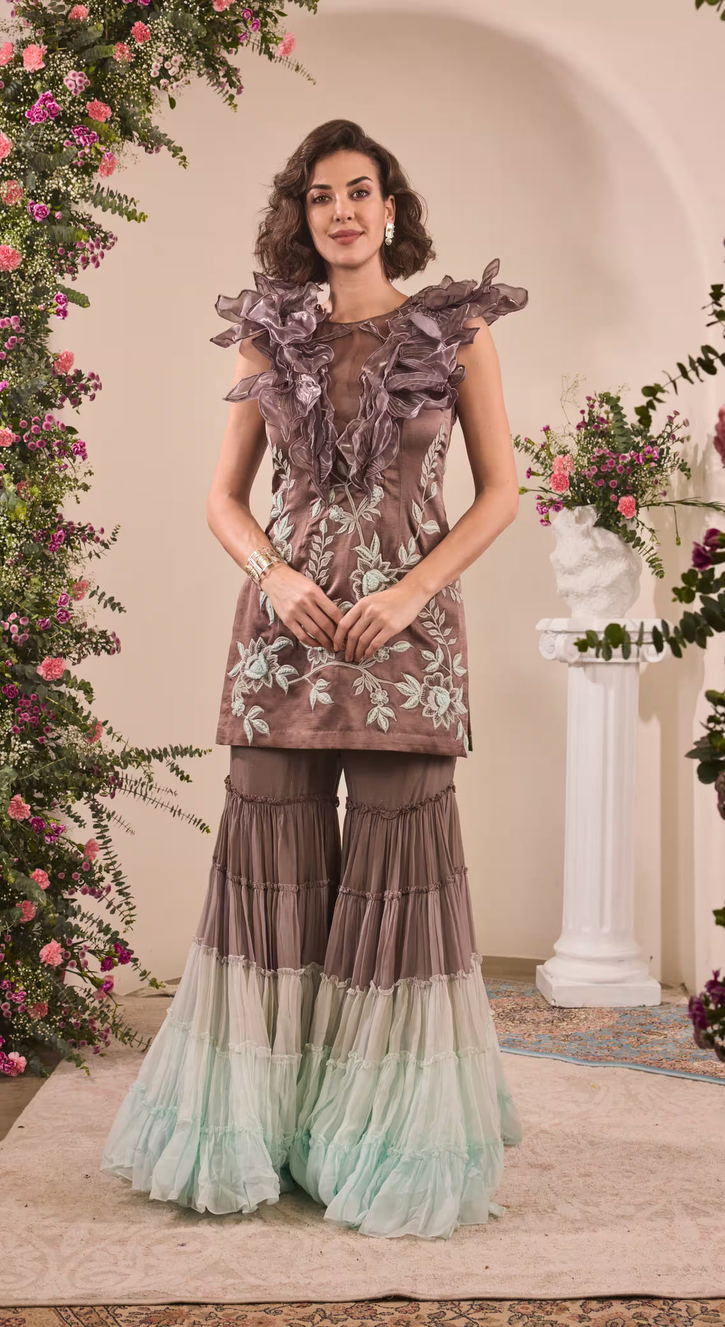 Embroidered Organza Ruffle Tunic & Ombre Tiered Sharara Set
