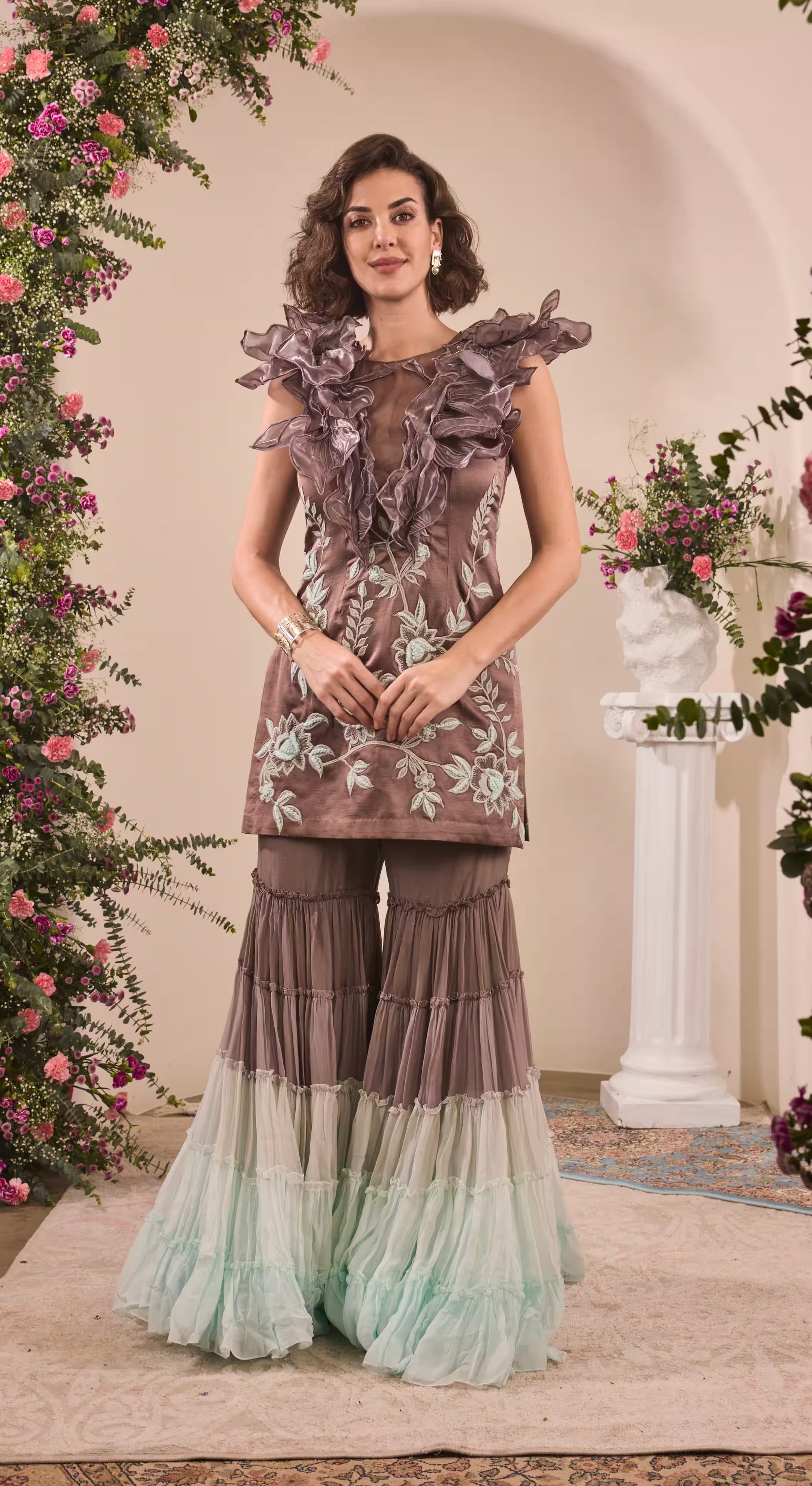 Embroidered Organza Ruffle Tunic & Ombre Tiered Sharara Set