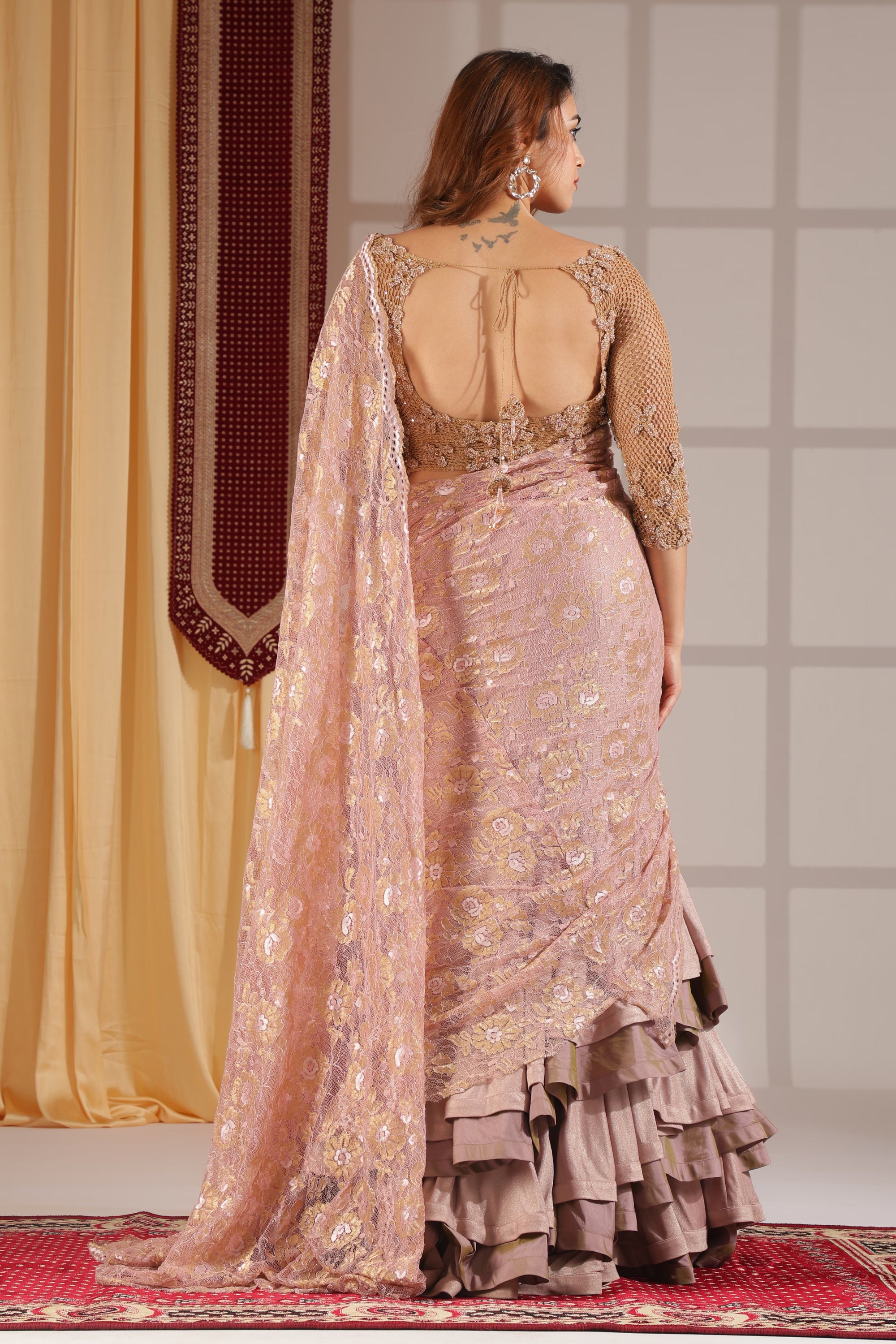 Blush Pink Floral Lace Saree with mocha net blouse