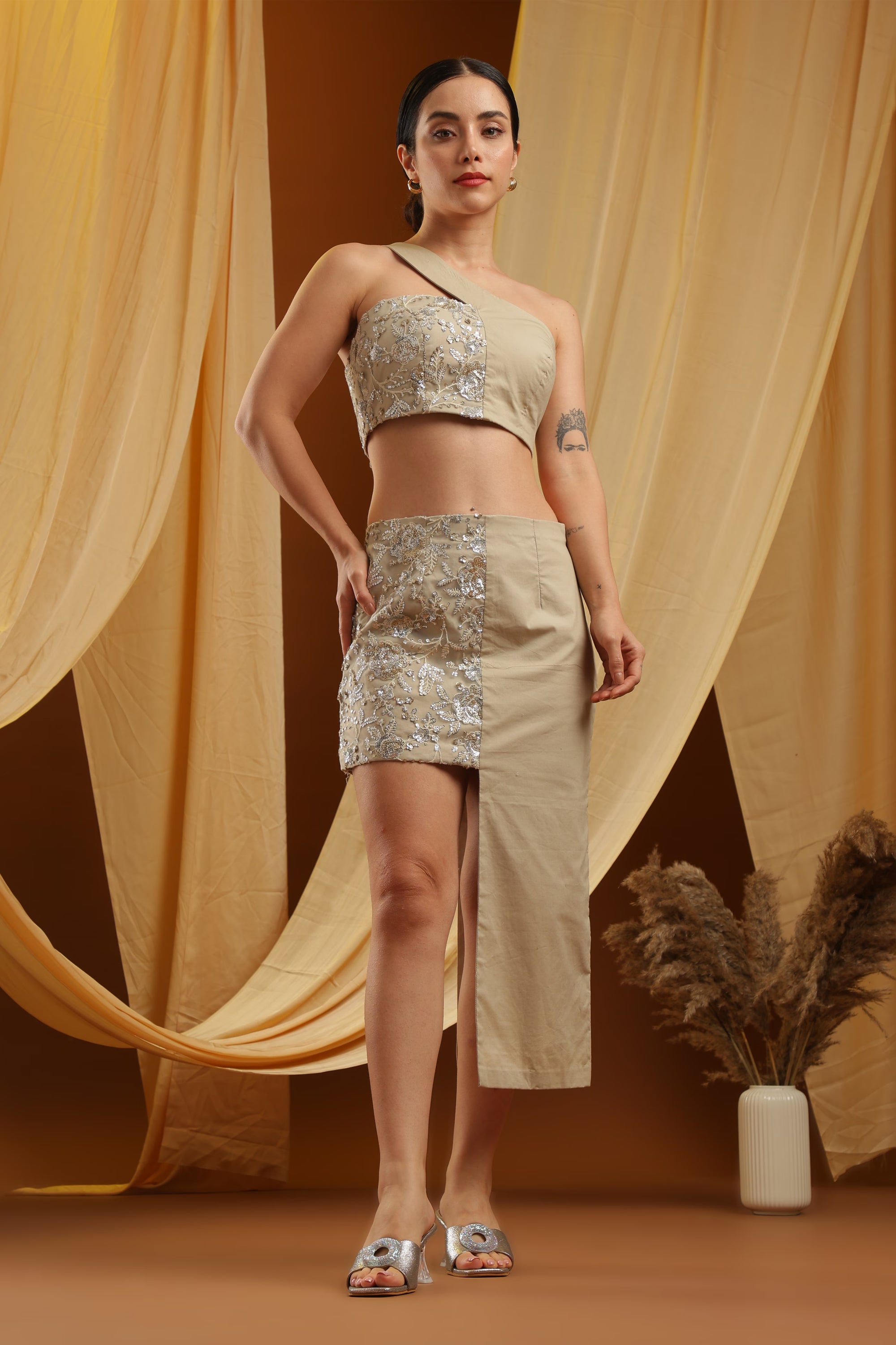 Beige Aysmmetrical Top and Skirt with Sequin Pane