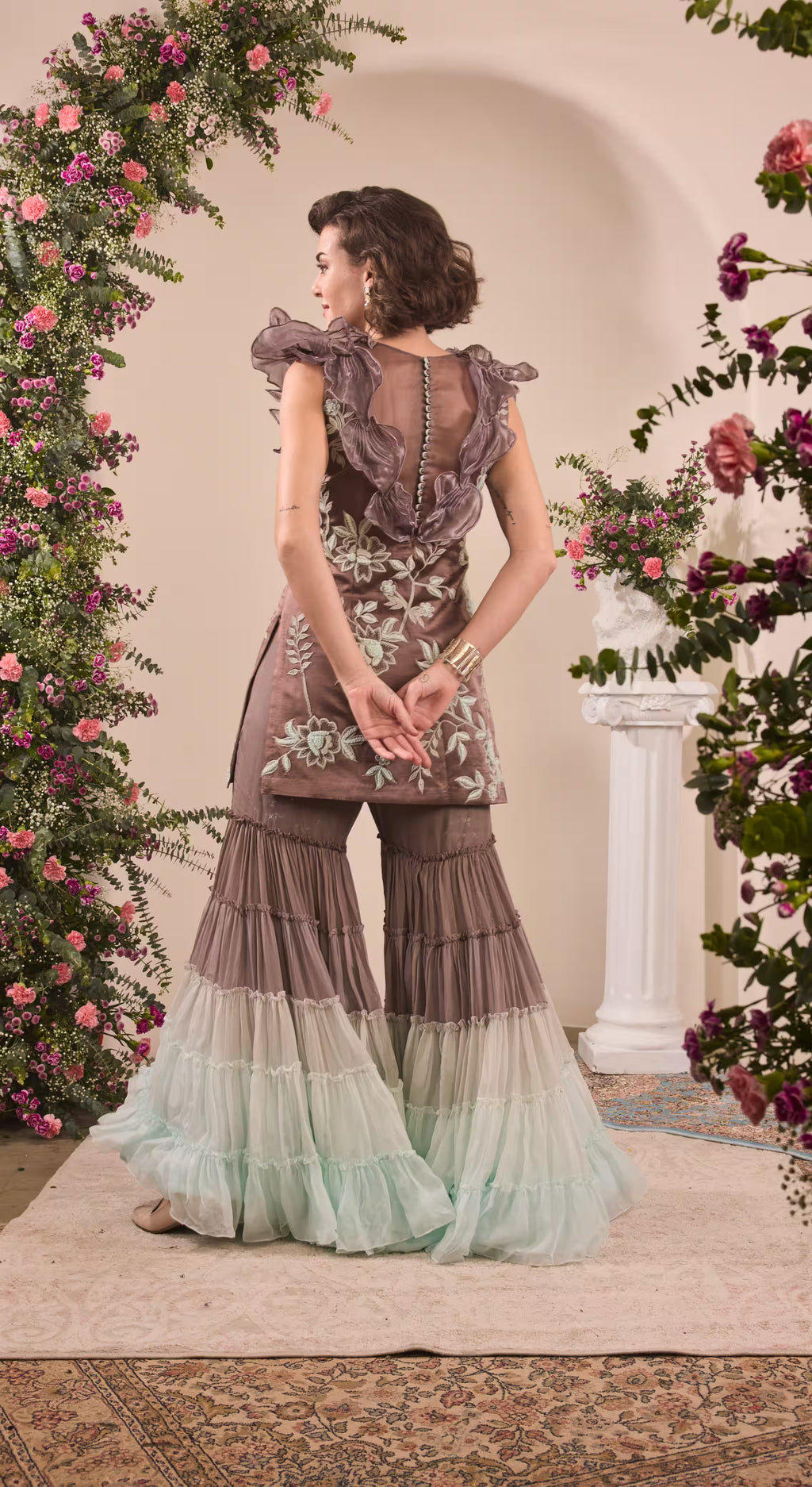Embroidered Organza Ruffle Tunic & Ombre Tiered Sharara Set