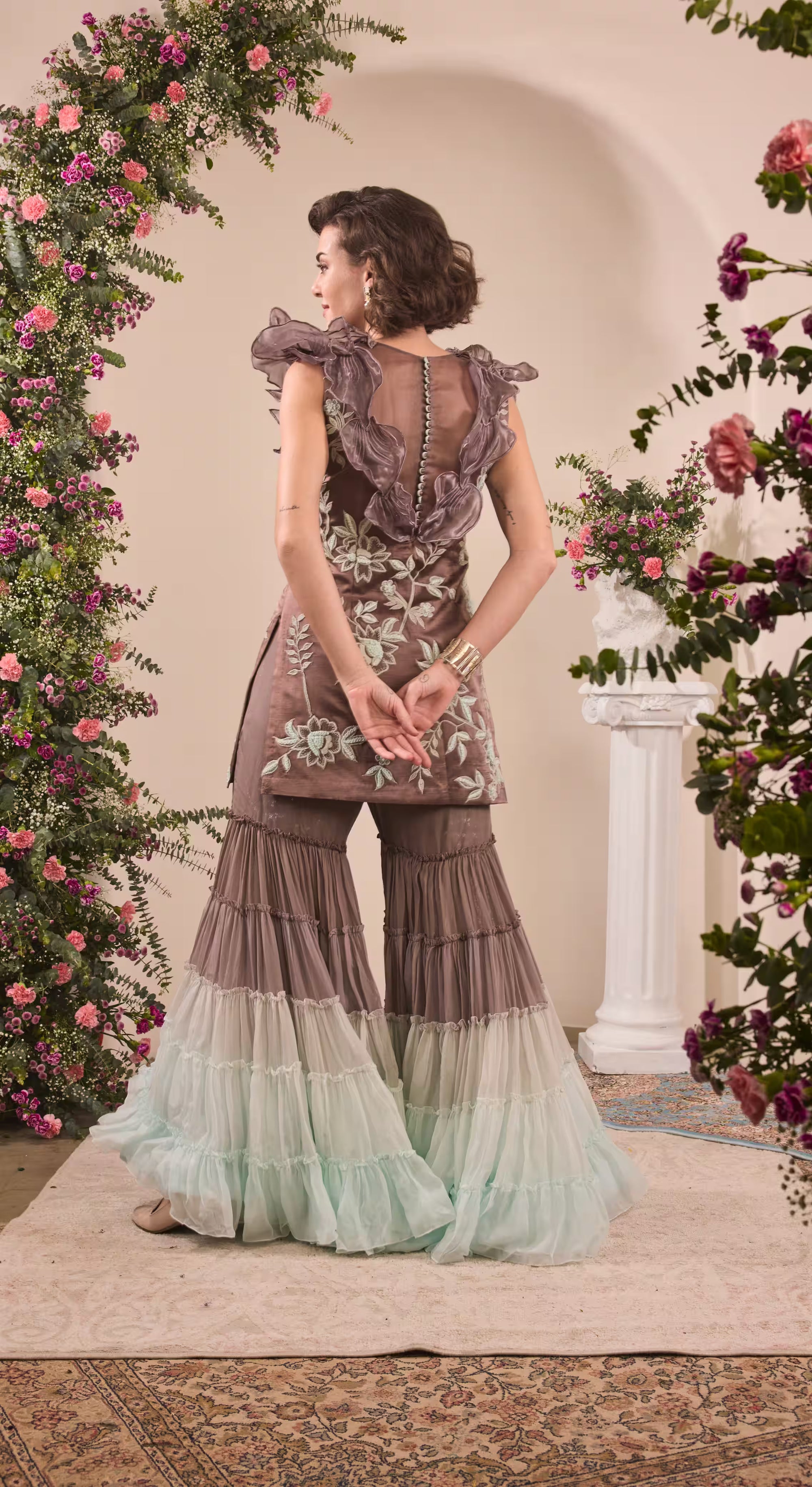 Embroidered Organza Ruffle Tunic & Ombre Tiered Sharara Set