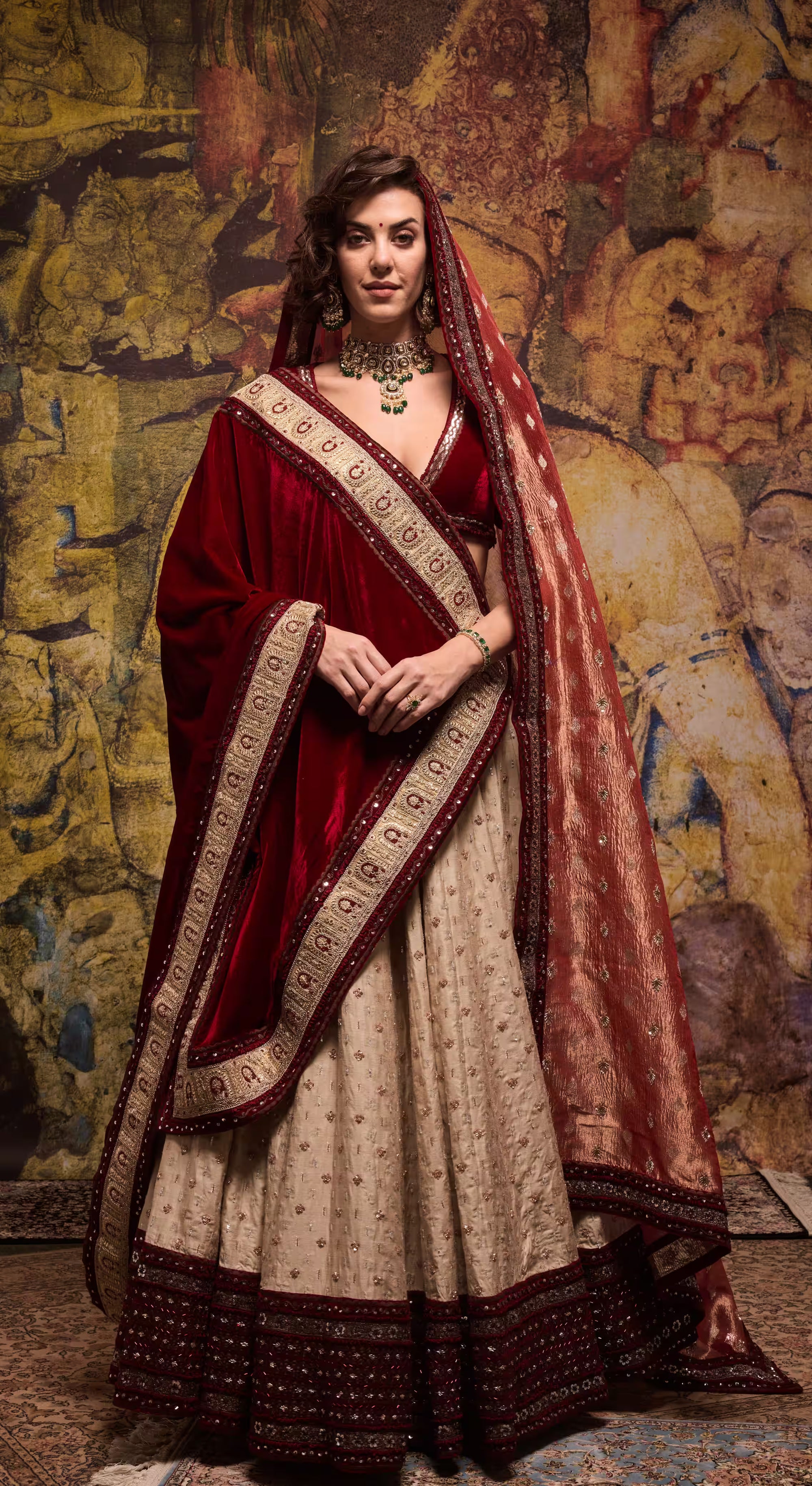 Maroon Velvet & Cream Embroidered Bridal Lehenga Set