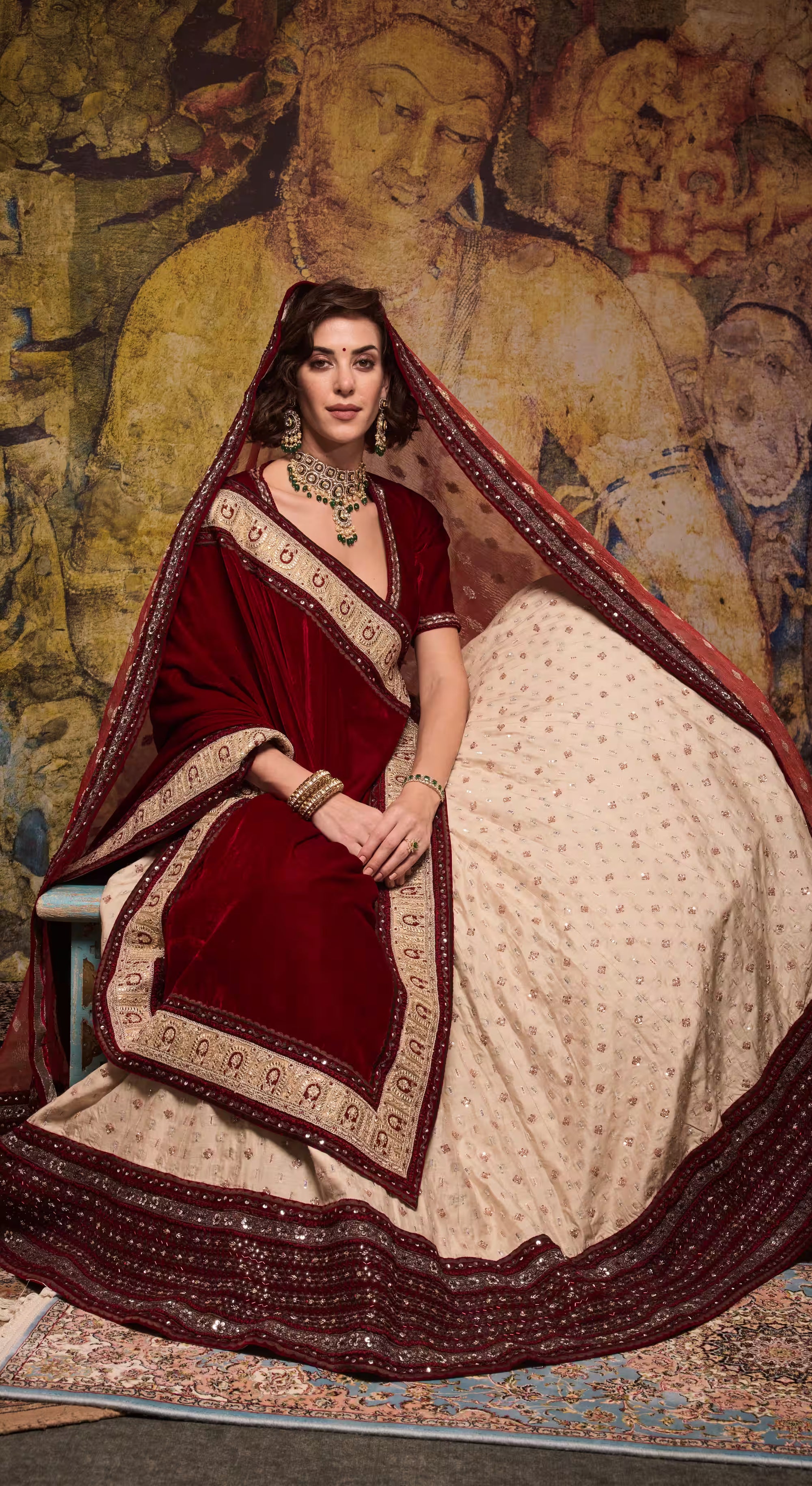 Maroon Velvet & Cream Embroidered Bridal Lehenga Set