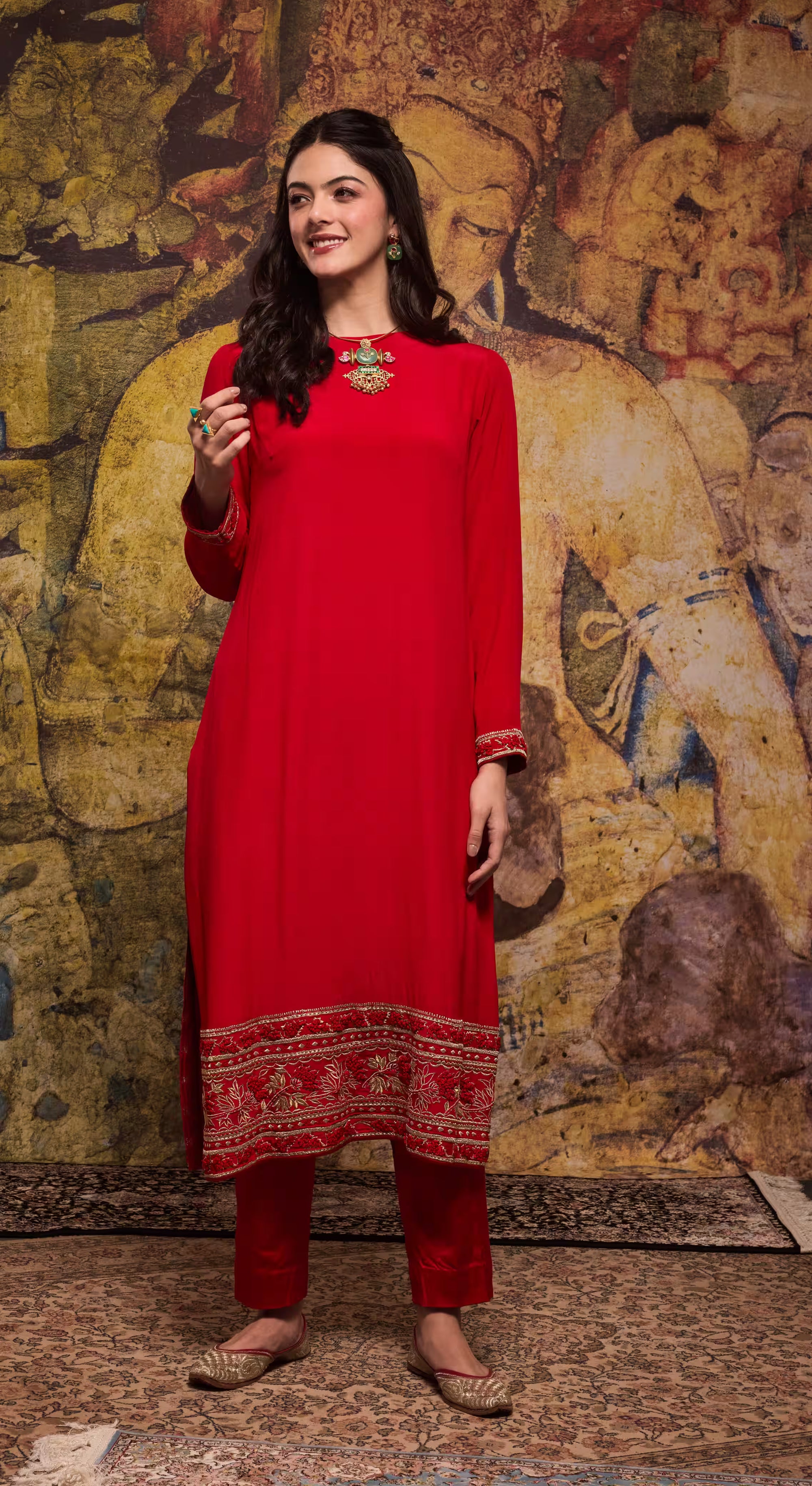 Red Handcrafted Silk Kurta Set with Bandhani Dupatta