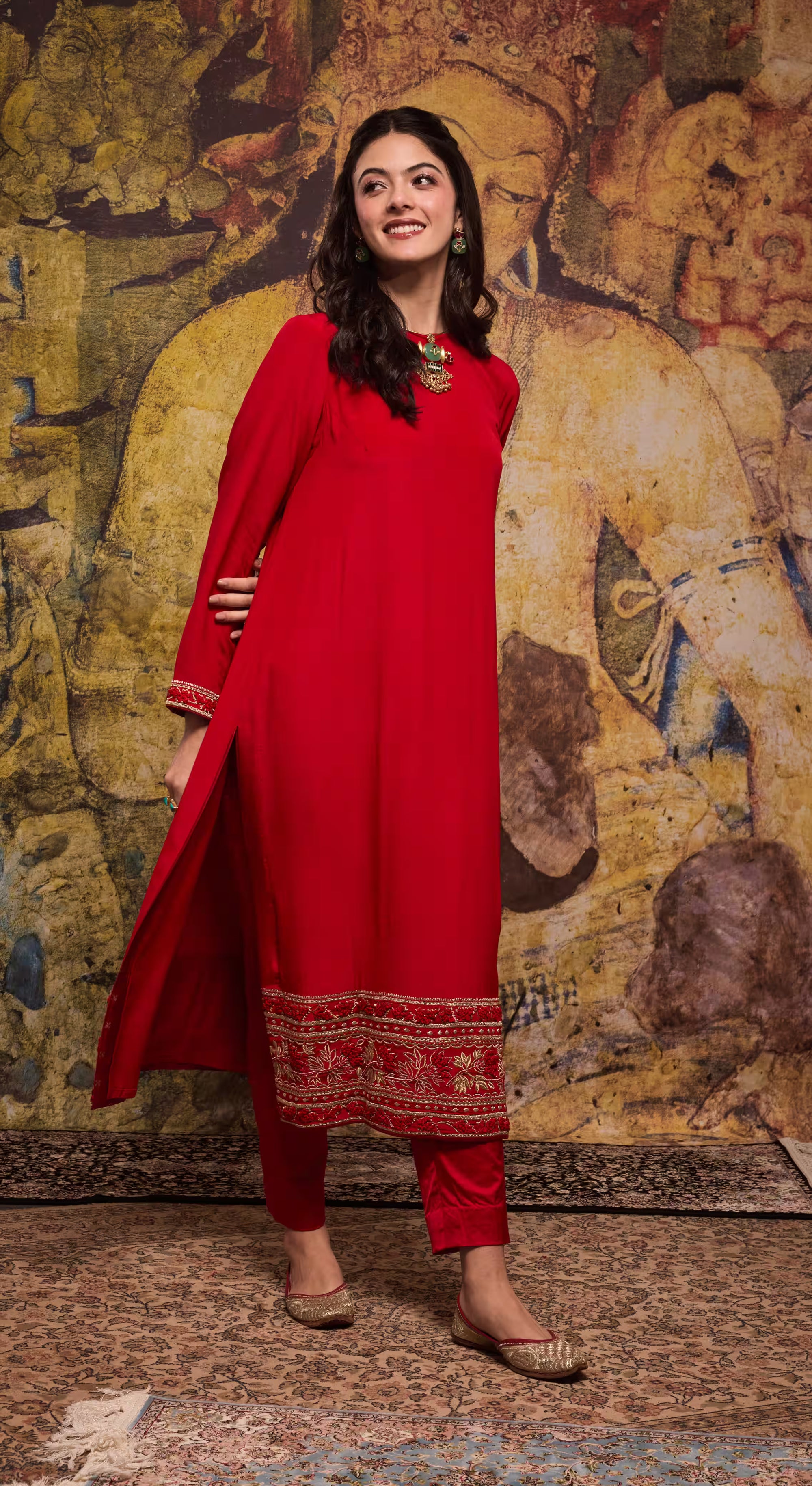 Red Handcrafted Silk Kurta Set with Bandhani Dupatta
