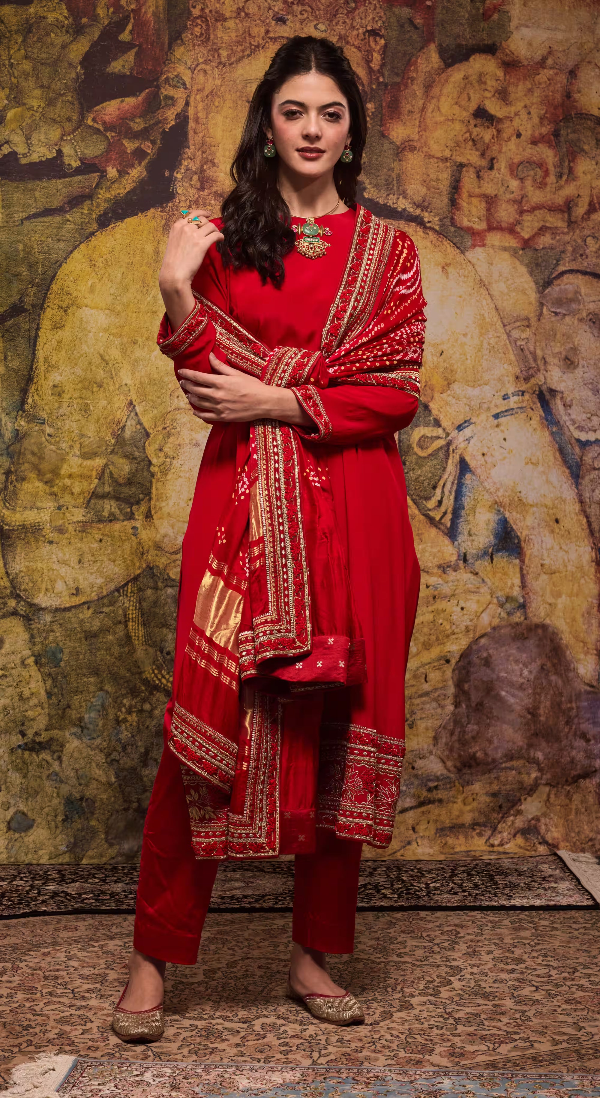 Red Handcrafted Silk Kurta Set with Bandhani Dupatta