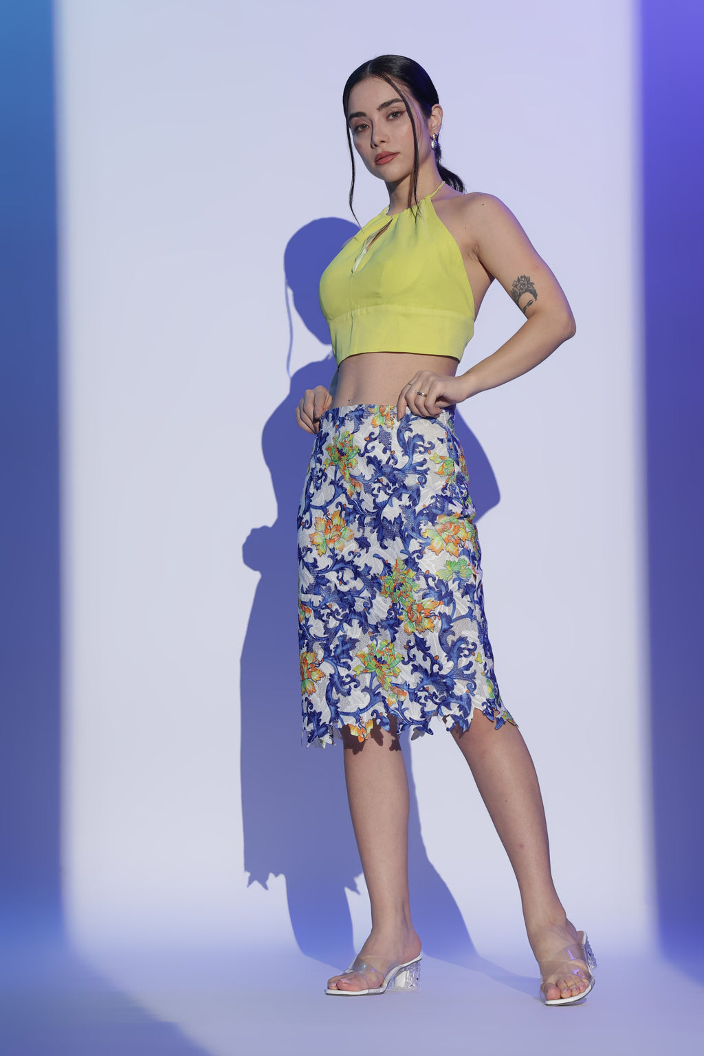 Yellow Halter Top and Embroidered Pencil Skirt