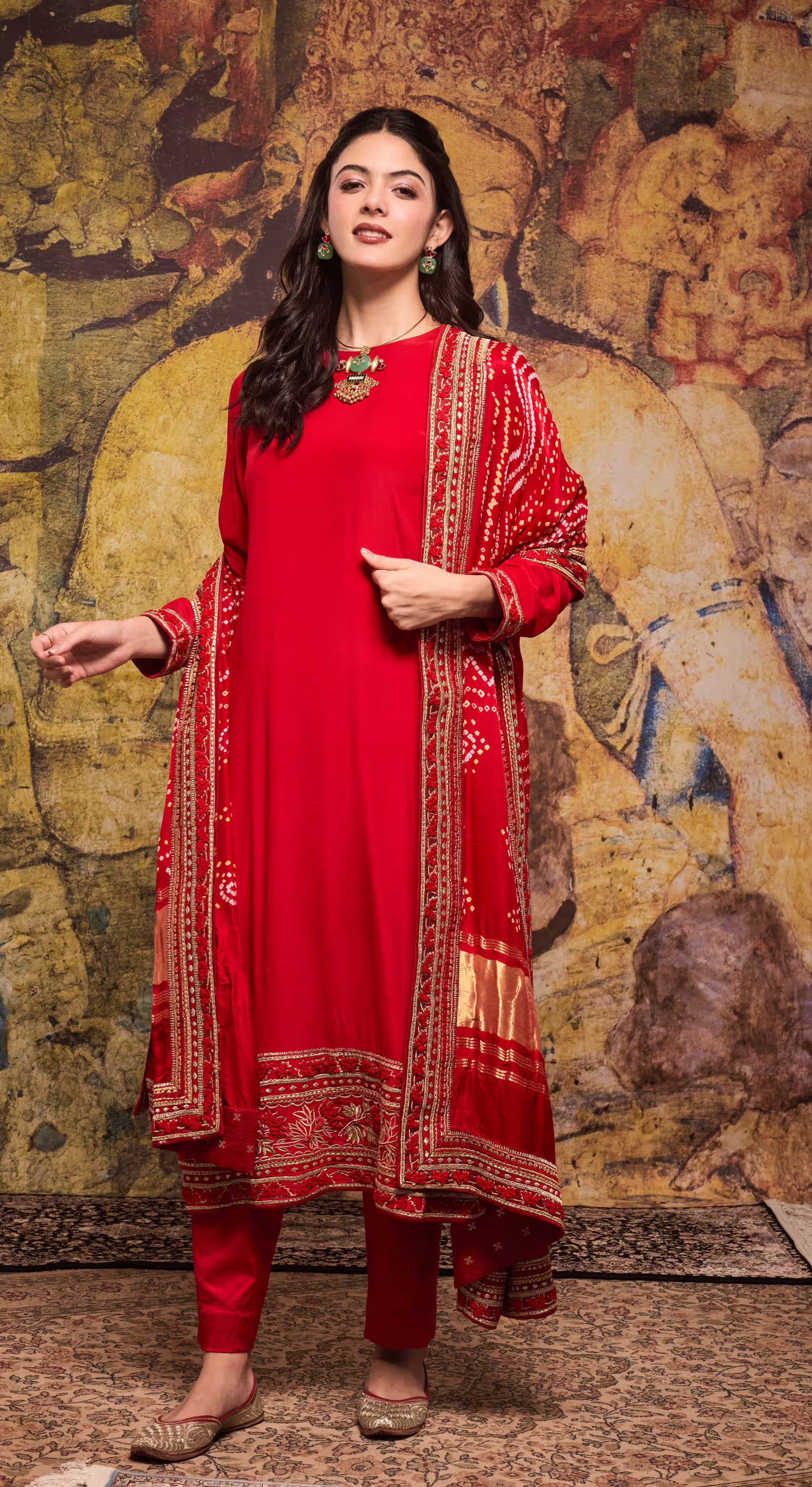 Red Handcrafted Silk Kurta Set with Bandhani Dupatta