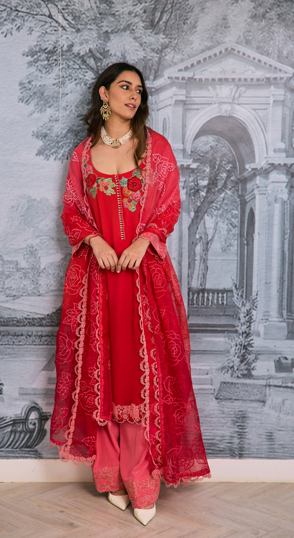 Rose Garden Embroidered Silk Suit Set