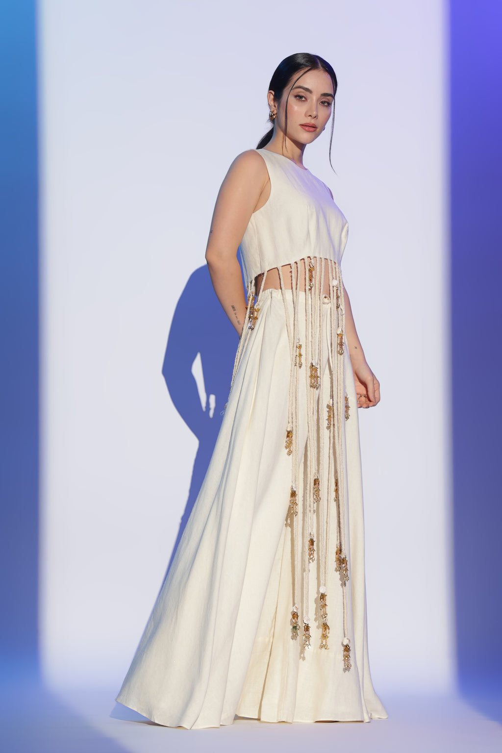 Ivory Tassel Embellished Top and Skirt Set