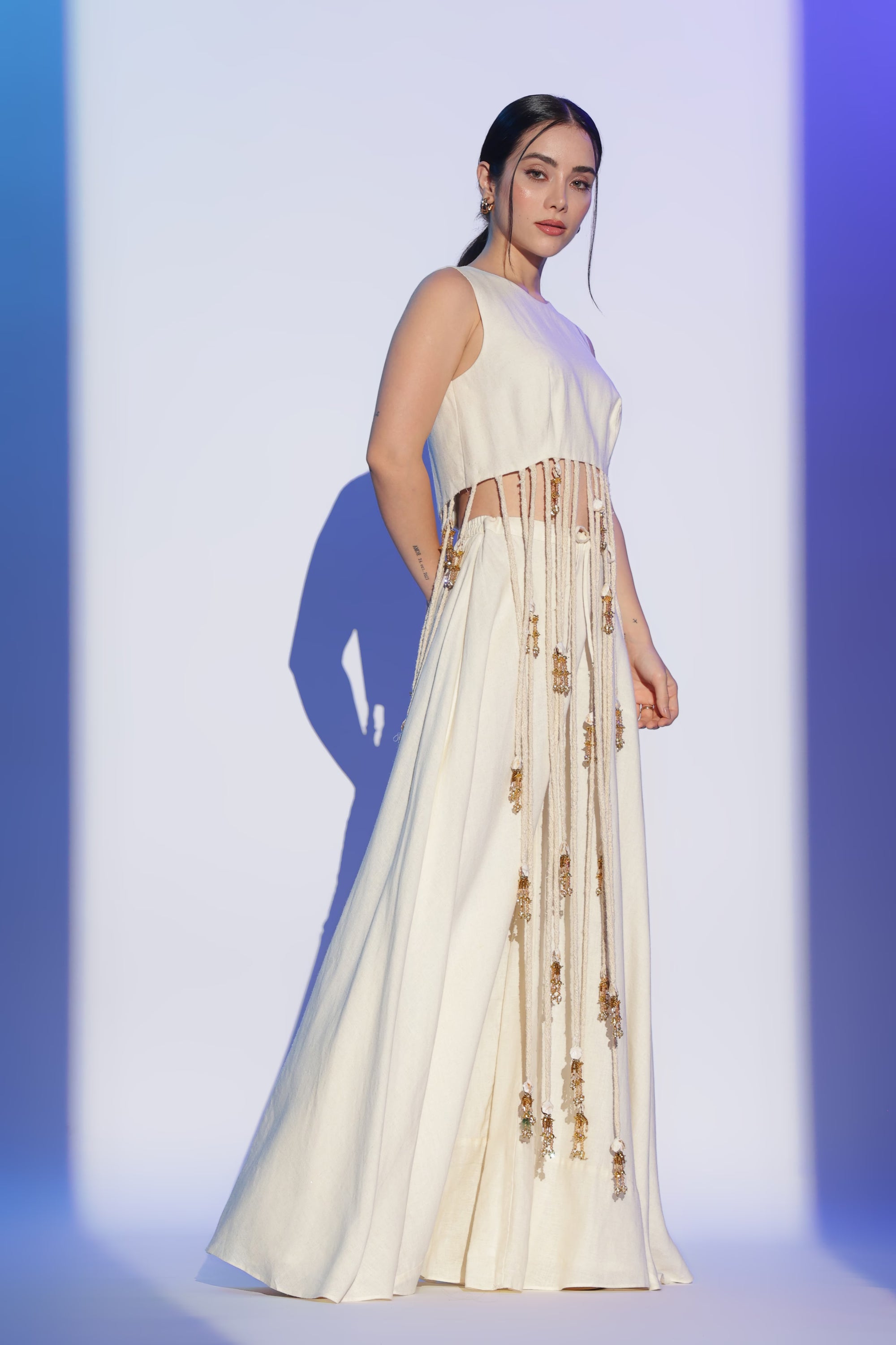 Ivory Tassel Embellished Top and Skirt Set
