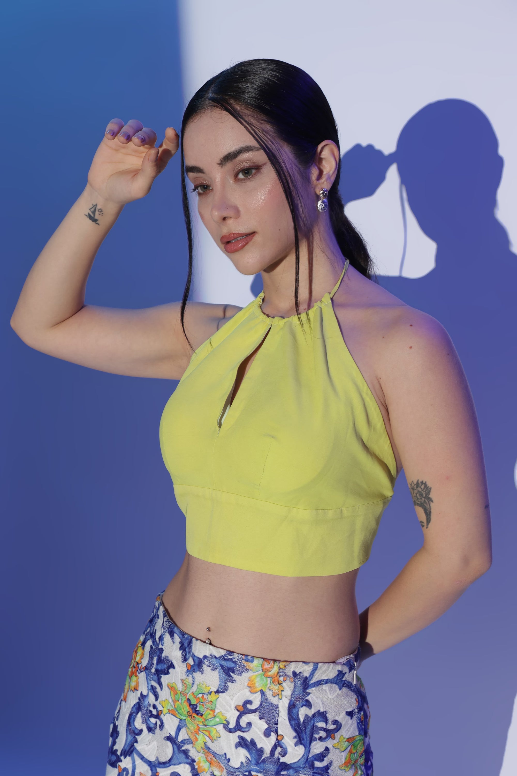 Yellow Halter Top and Embroidered Pencil Skirt