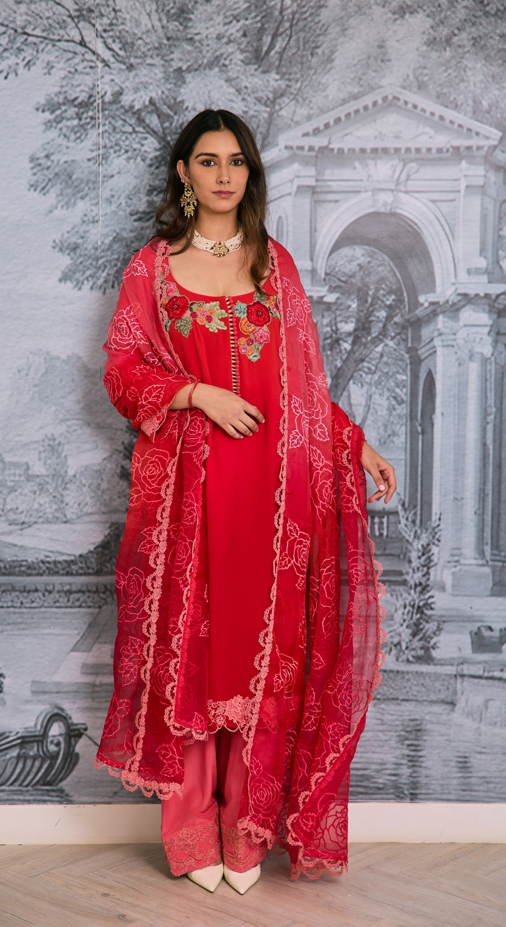 Rose Garden Embroidered Silk Suit Set