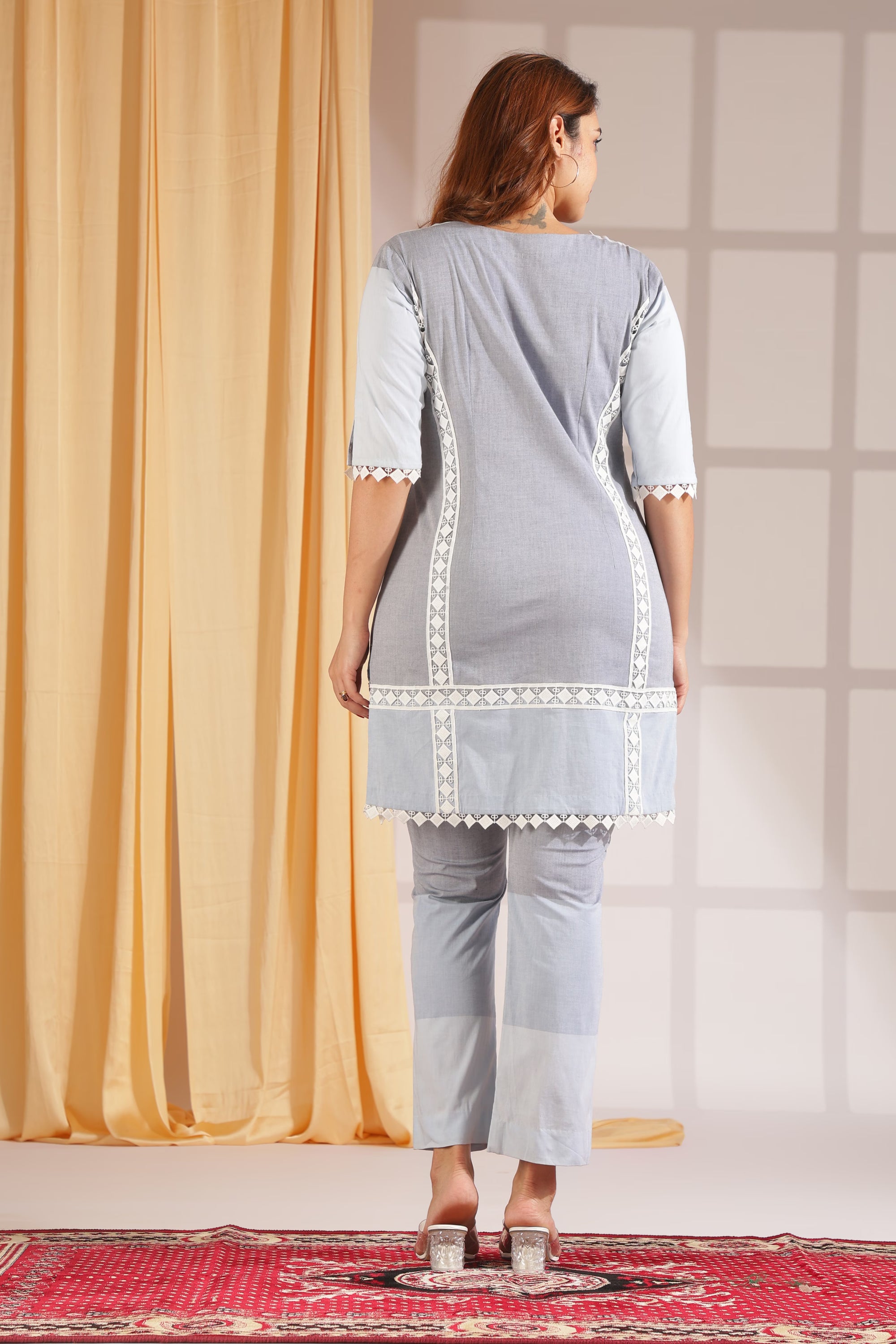 Greyish-Blue Patchwork Tunic Set with Geometric Lace Trim